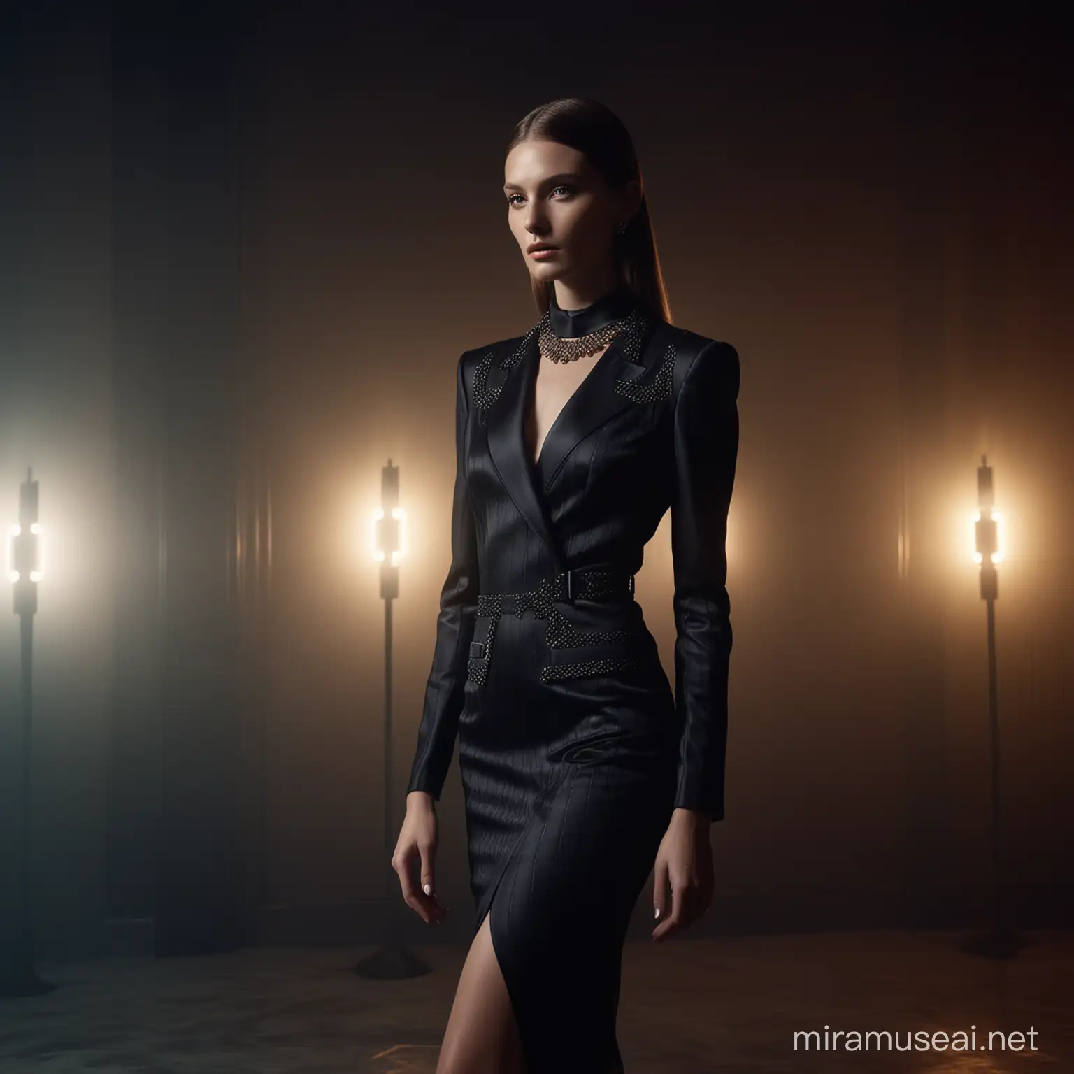 Elegant Fashion Photoshoot with Modern Dress and Dramatic Lighting