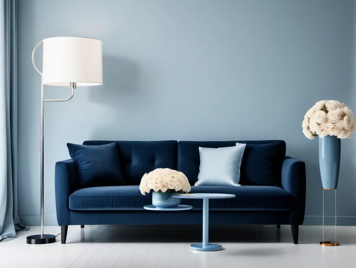 Commercial Photography, modern minimalist living room interior with navy light blue sofa and light white floor lamp and flower