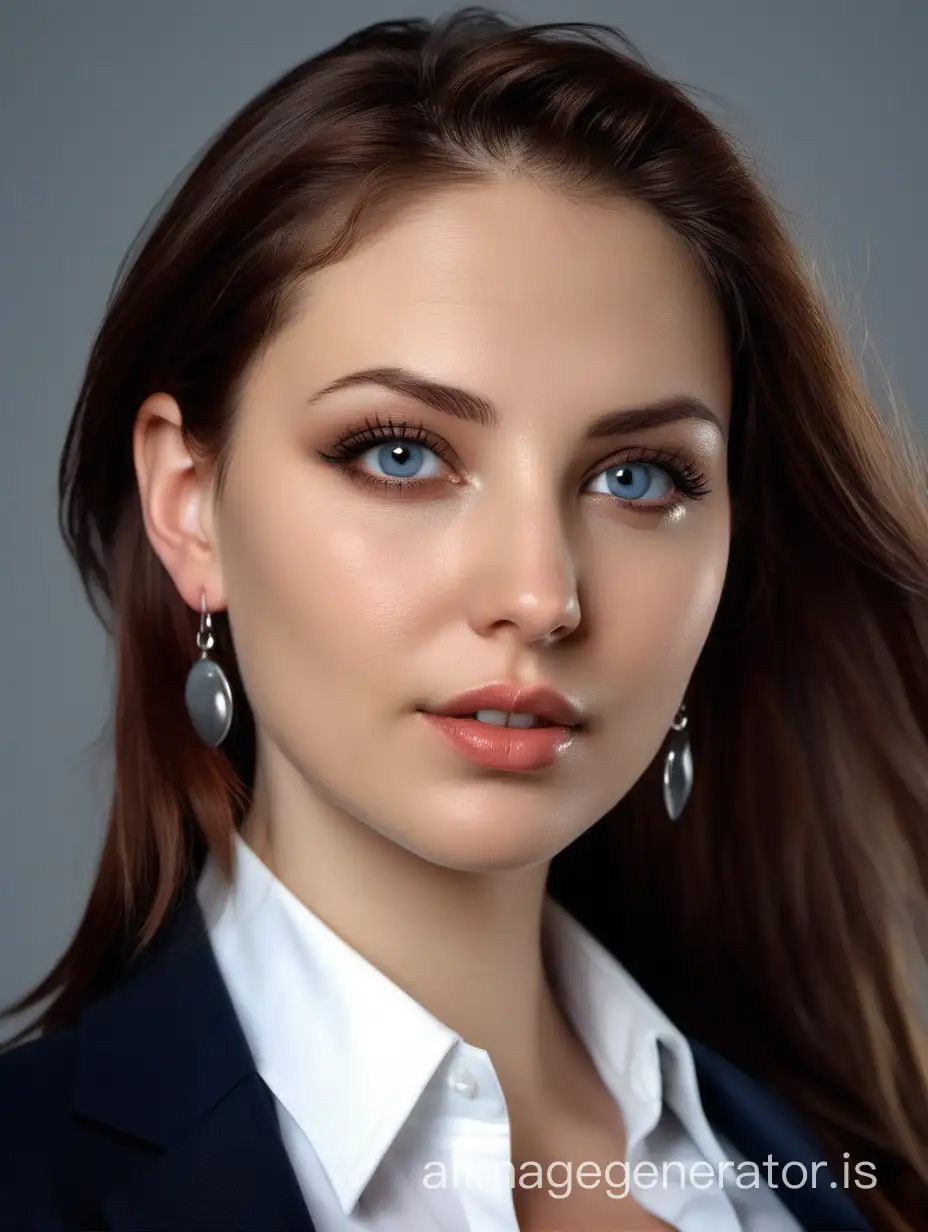 Charming 34-year-old girl in a business suit, dark blue, white shirt, buttons undone.  Thin, straight nose. Plump lips. "Fox" eyes with long eyelashes. Eye color is brown. In  the model of the earrings are nails. European type face, very beautiful, small dark mole above the lip! The hair is long, wavy, light brown. attractive, sexy. The girl is a leader, you can see it in her eyes, but nevertheless she is cheerful. Photo for publication on a social network on an avatar. The background is light - a study. Angle -3/4. The effects should look as realistic as possible, perhaps with minor defects, and not like Photoshop!
