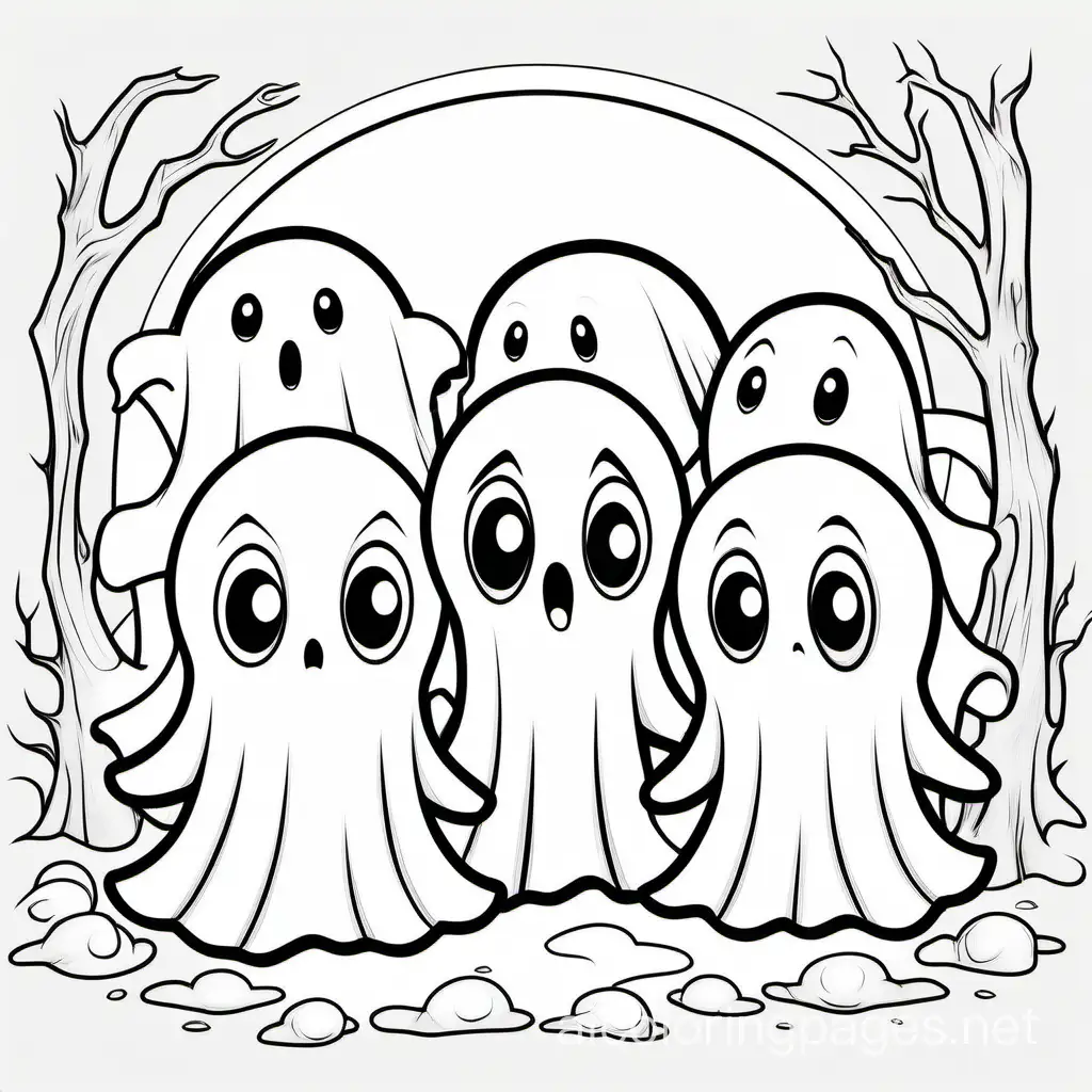 cute ghosts with big, innocent eyes in white background, Coloring Page, black and white, line art, white background, Simplicity, Ample White Space. The background of the coloring page is plain white to make it easy for young children to color within the lines. The outlines of all the subjects are easy to distinguish, making it simple for kids to color without too much difficulty