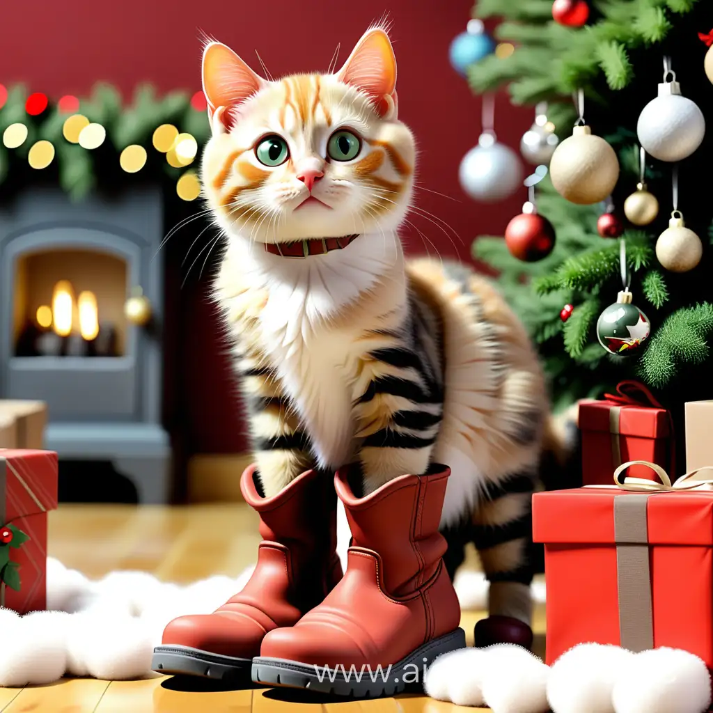 Festive-Feline-Fashion-Cat-Posing-in-Stylish-Boots-with-Christmas-Tree-Background