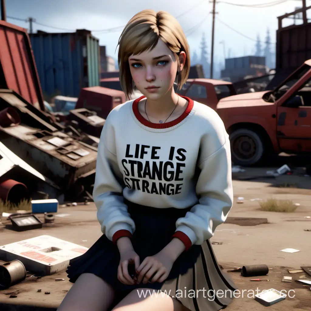 A 16-year-old girl with a blond bob and gray blue eyes. She wears a black skirt and a white top with a red zippered sweater. She sits in a junkyard and smokes a cigarette. In the style of the game, life is strange  