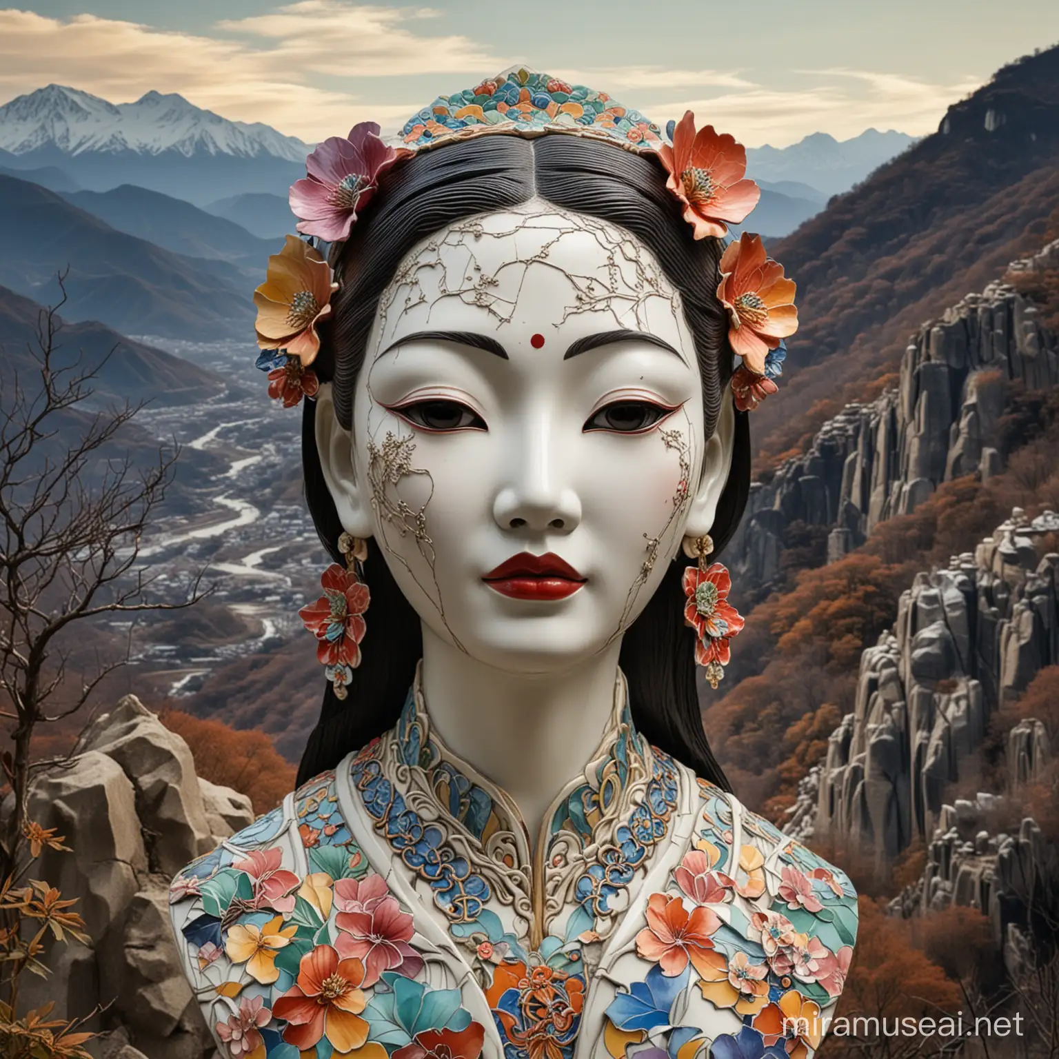 art nouveau style, asian statue of woman, cracked porcelain mask, dark mountain in background, colorful 