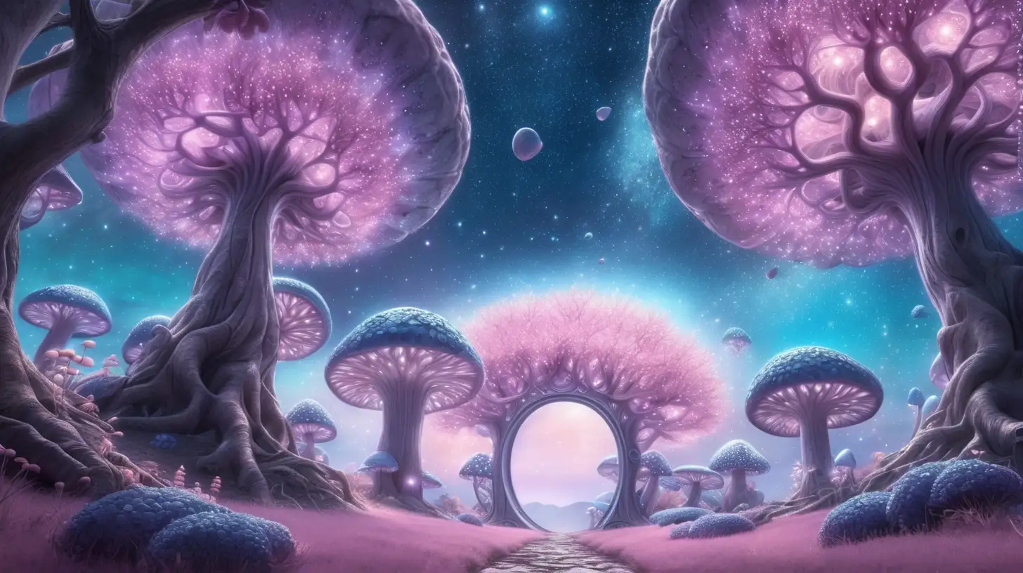 Enchanting Grape Trees Portal Revealing Outer Space Wonders