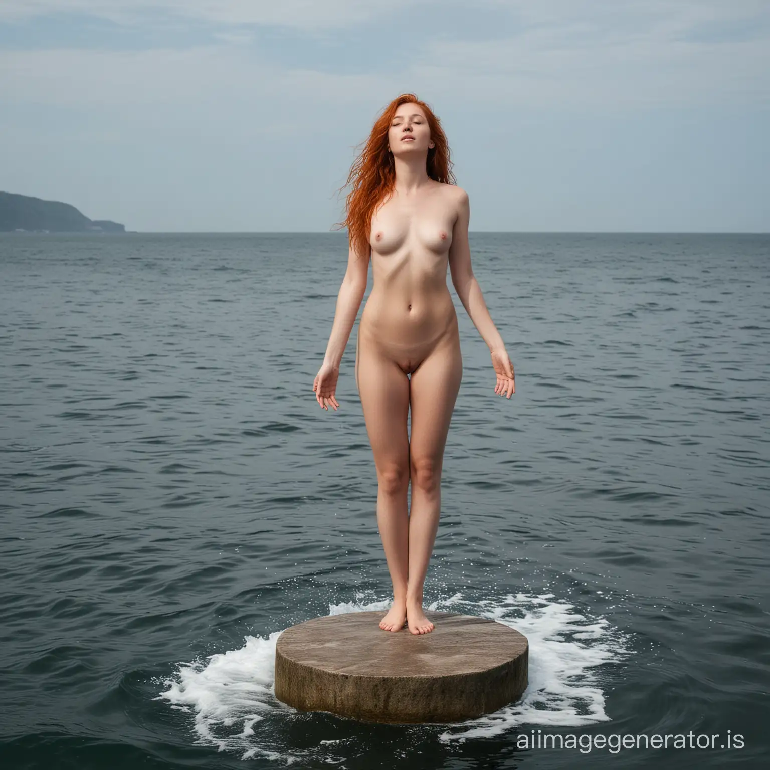 Beautiful naked redhaired young woman with closed eyes standing on a pedestal in the middle of the ocean. Full body shot. 