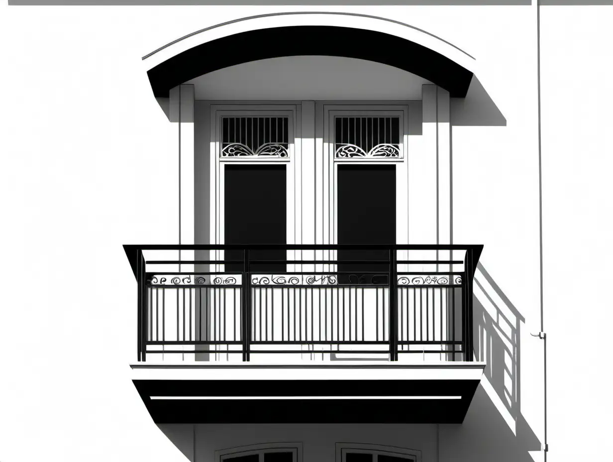 A drawing in the style of Saul Bass's minimal artwork of the front view of a black art nouveau balcony on a white background, casting a shadow downward. Behind the balcony there is a plain white wall