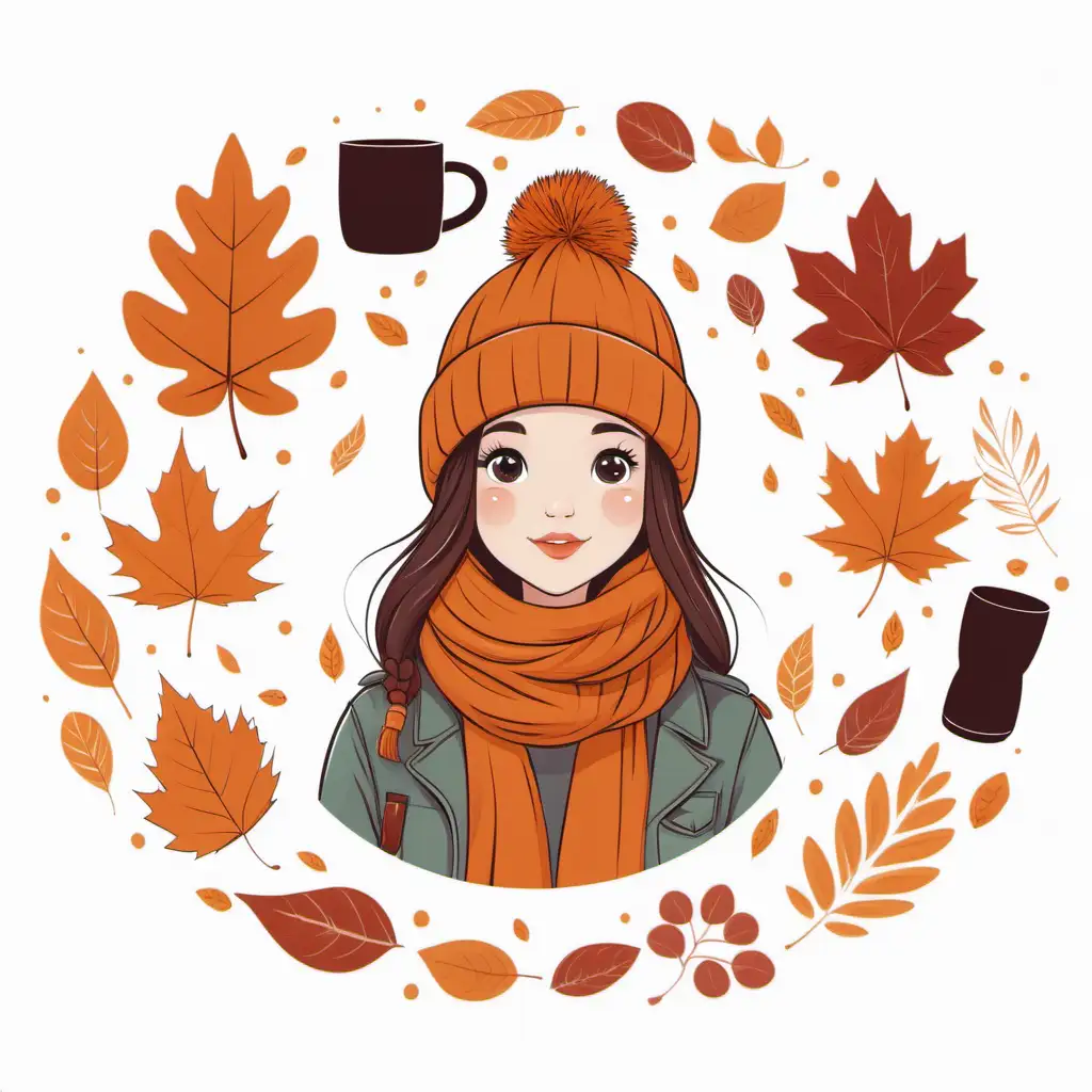 Simple vector set depicting a fall aesthetic, girl with beanies,
fall leaves, mugs, scarves, circular frames, white
background, cute and aesthetic --v 5.2