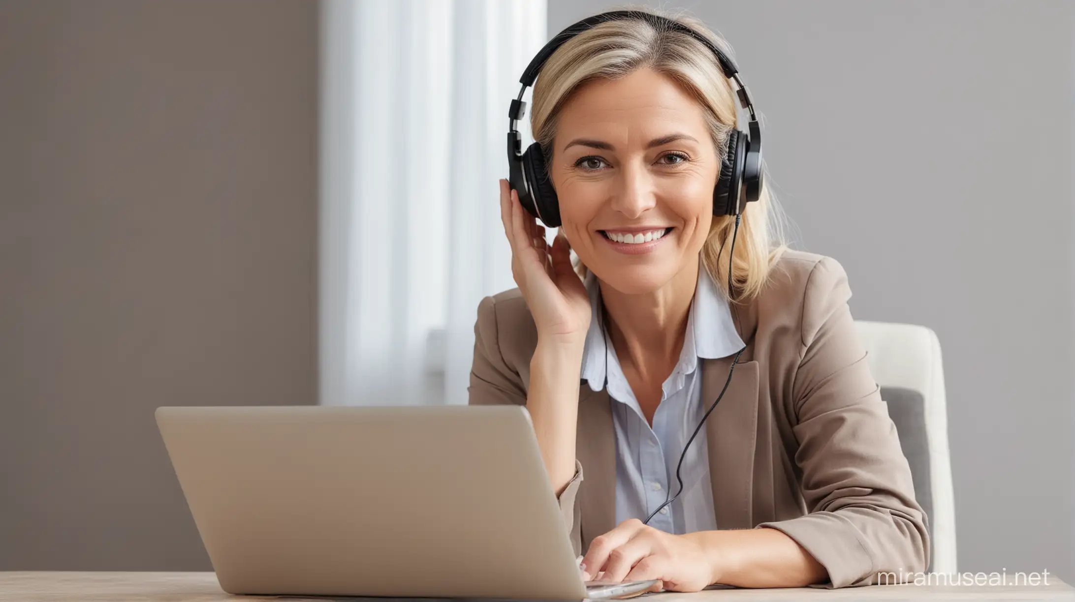 Middleaged Businesswoman Engaged in Online Course with Laptop and Headphones