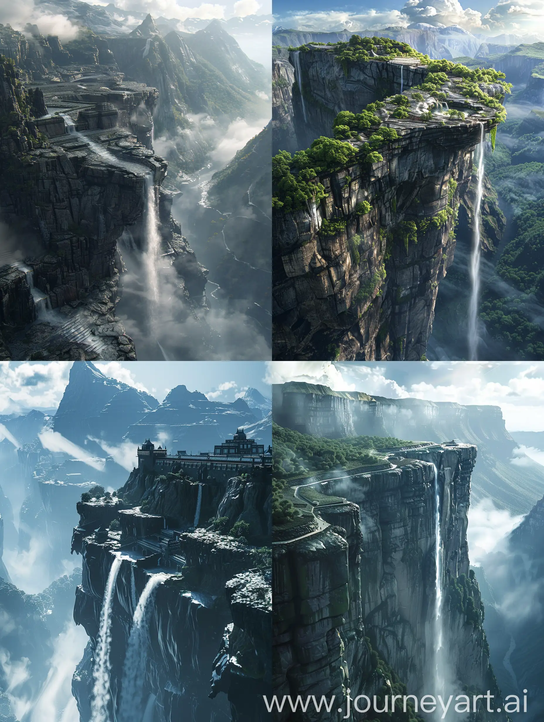 far away university on the edge of the mountain grid, on the edge of the world, waterfall going down, Extreme Detail CG Unity 8K wallpaper, masterpiece, highest quality, exquisite lighting and shadow, highly dramatic picture, cinematic lens effect, excellent detail, outstanding lighting, wide angle, (excellent rendering, enough to be proud of its kind, ultrarealistic photo