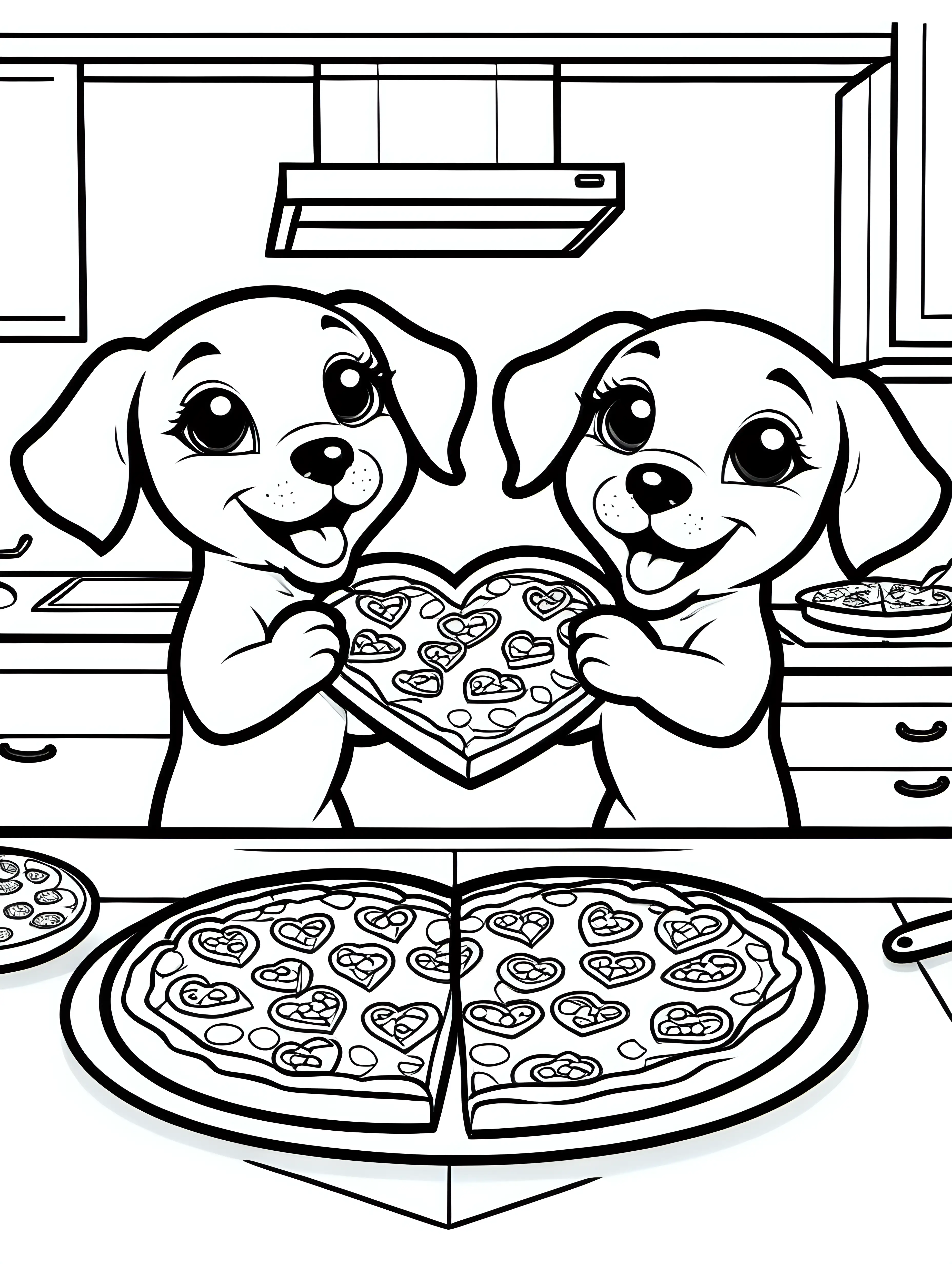 create a coloring page of two cute puppies eating heart shaped pizza in kitchen, black outlines, no shading
