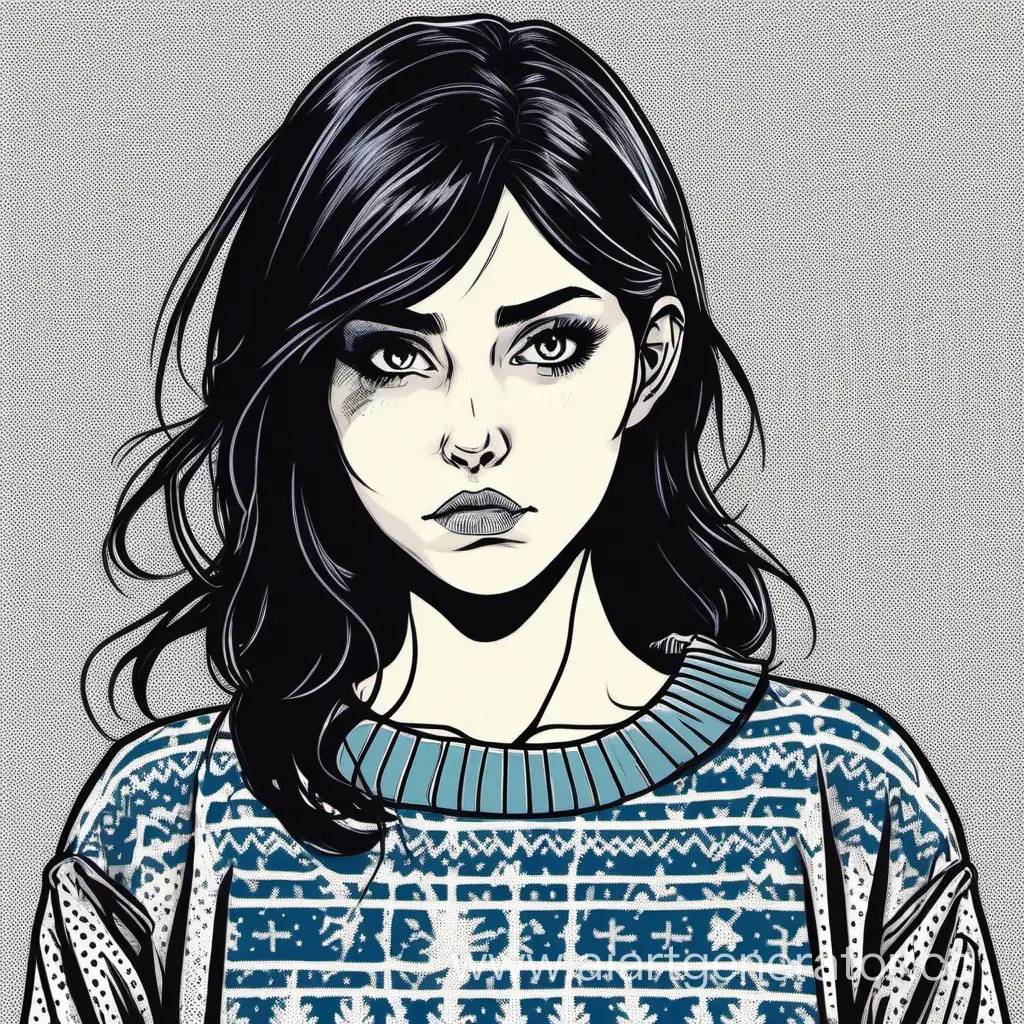 DarkHaired-Girl-in-ComicStyle-Sweater-Playful-Youth-Fashion-Illustration