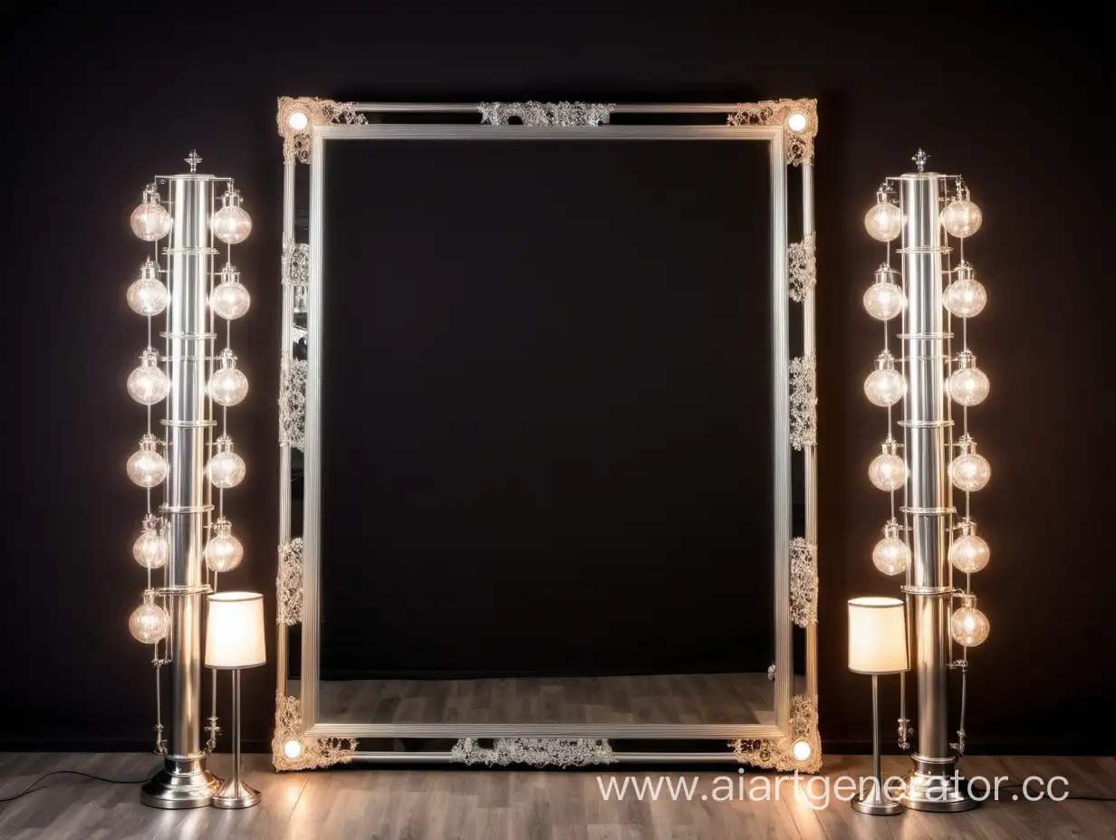 Фотозона для свадеб, 2 зеркала 240 сантиметров на 50 сантиметров, рама цвета никель толстая классическая, 6 светильников с лампочками kaarslamp слева и справа разные по высоте,  