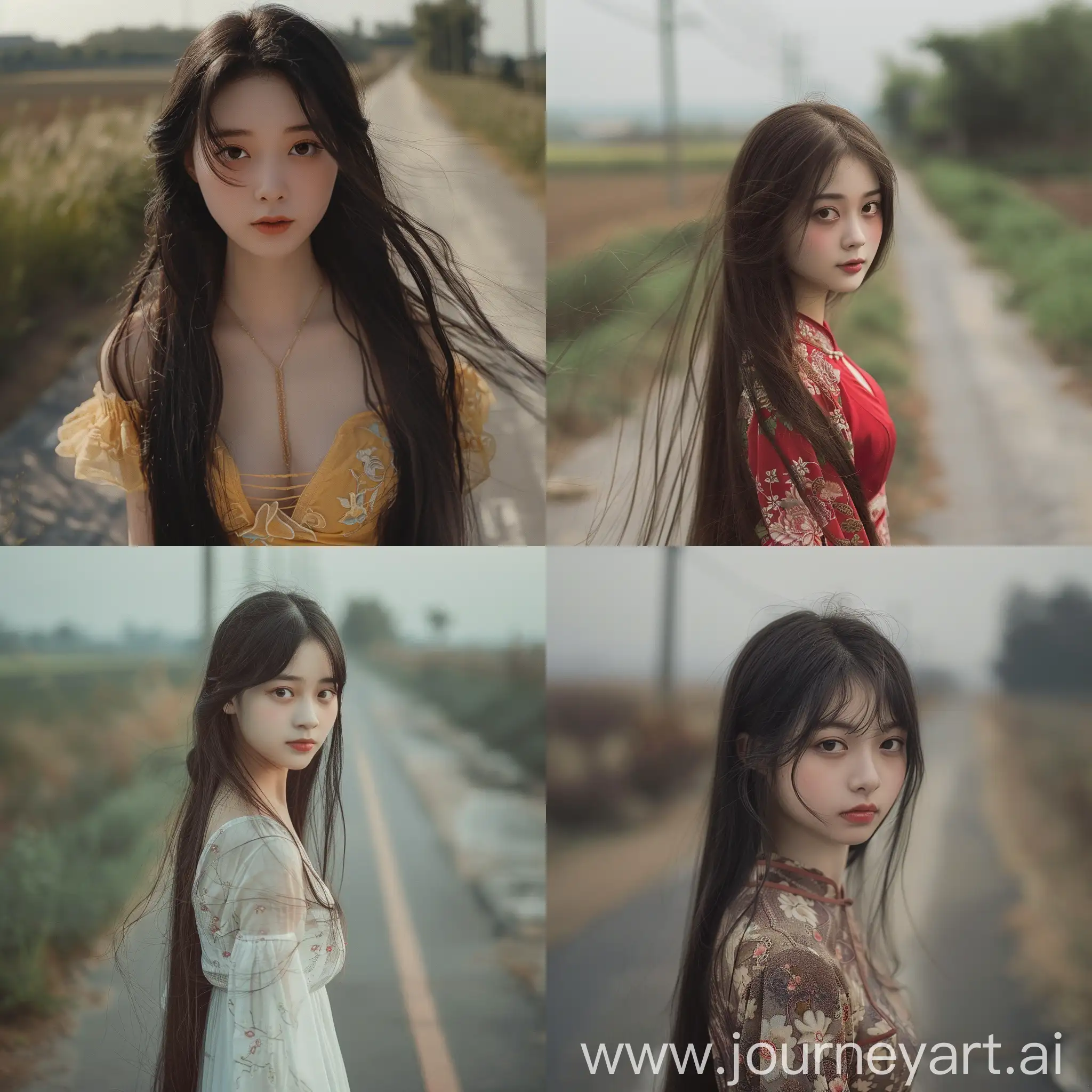 中国美女，微胖，娃娃脸，丰满性感，长发，站在中国乡村路上