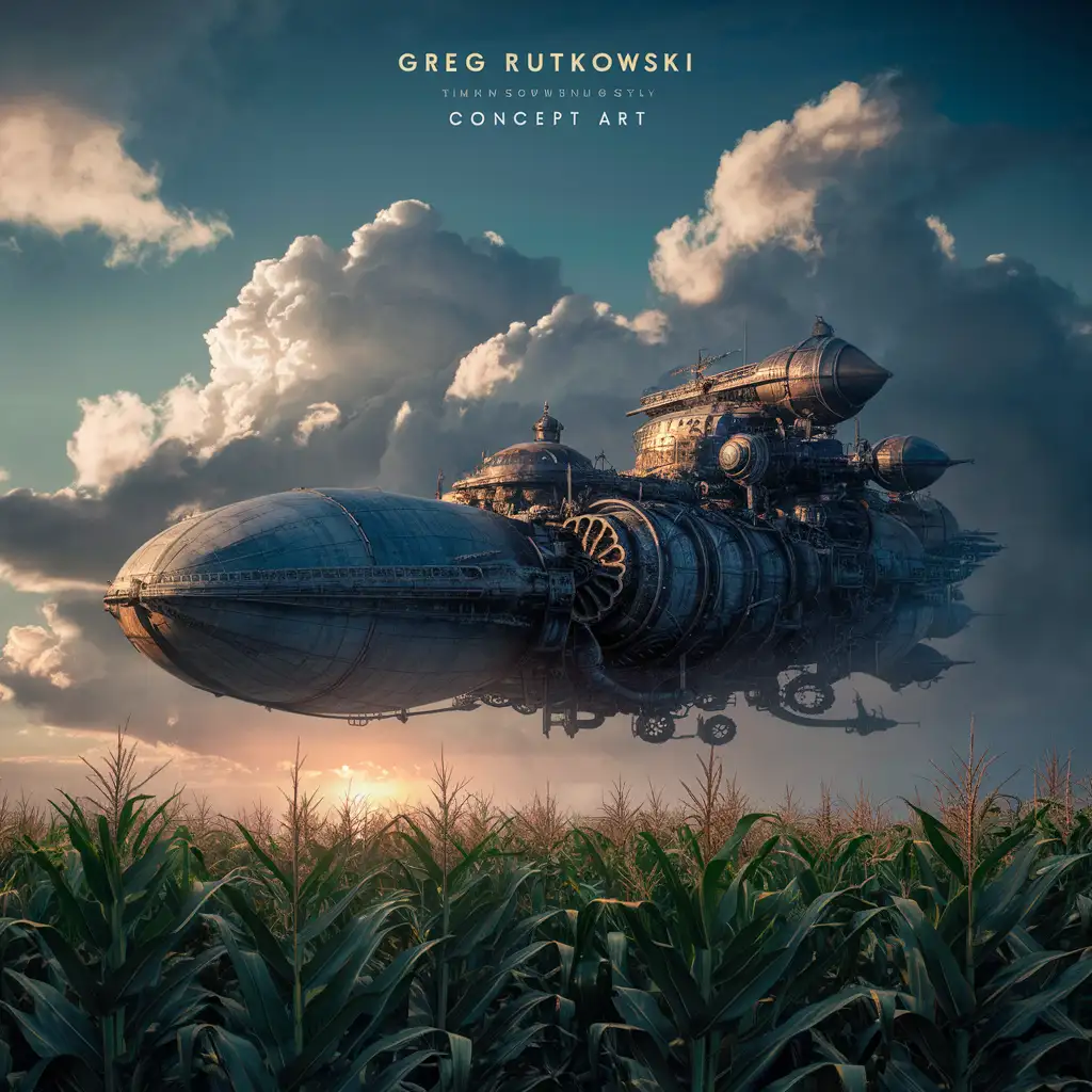 a spaceship about to land on a cornfield, with a steampunk theme, clouds in the sky, inspired by Greg Rutkowski's concept art