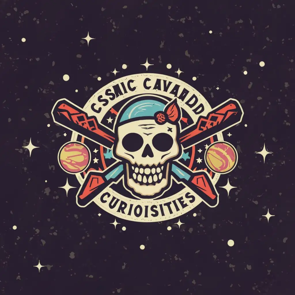 a logo design,with the text "Cosmic Cavalcade of Curiosities", main symbol:creature feature, youtube show, space pirate, humor, skull, crossed cricket bats sci-fi, horror,Moderate,be used in Entertainment industry,clear background
