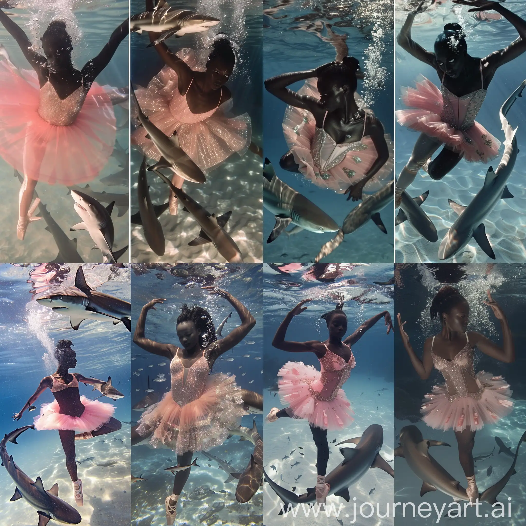 two captivating images: one image is a black ballet dancer underwater with three sharks around her, and the other image is a black ballet dancer in a pink ballet dress underwater with three sharks around her.