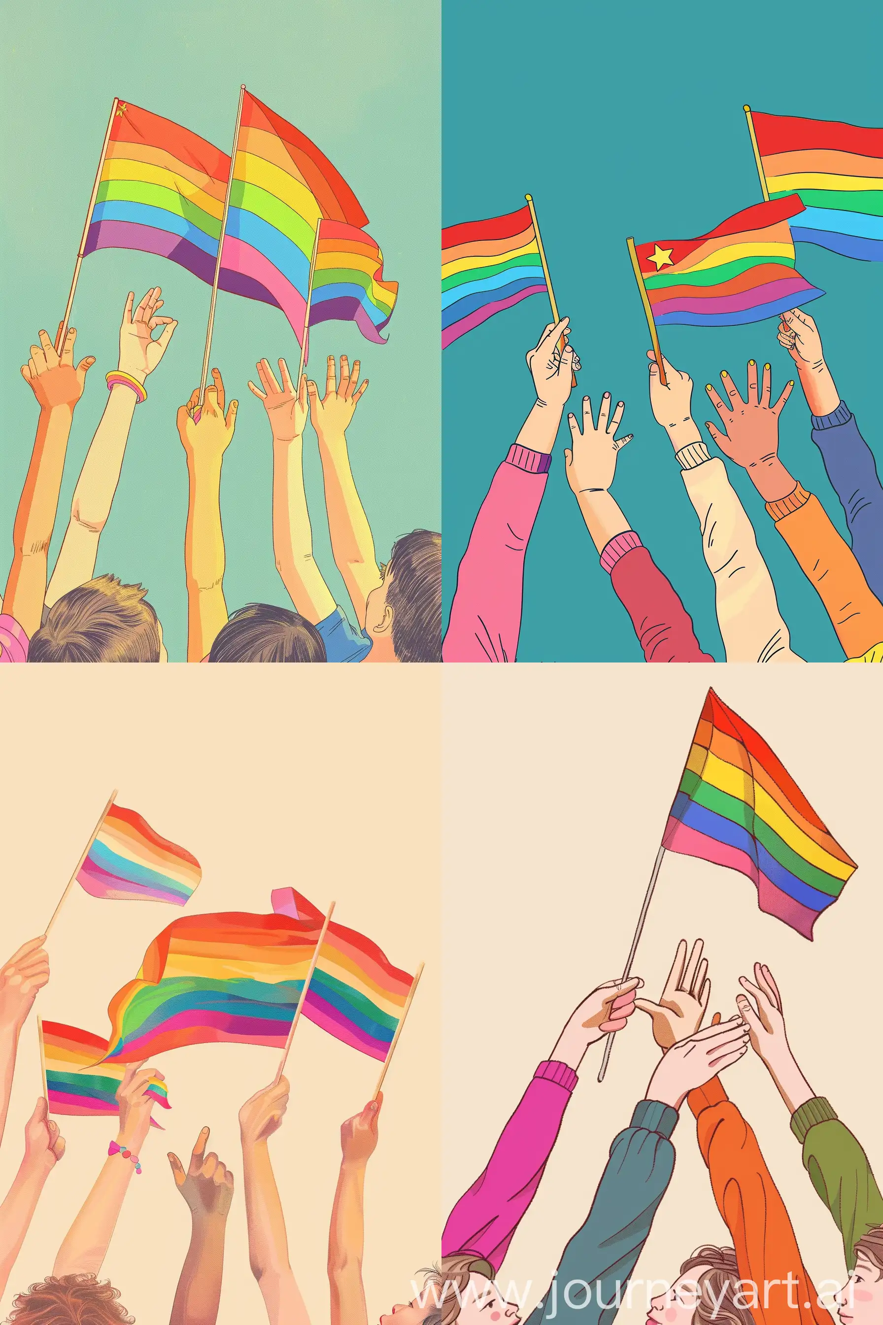 /imagine prompt: color photo of: a group of children's hands waving rainbow flags, in a minimalist and graphic illustration style. The hands are varied in size and skin tone, creating a diverse representation. The rainbow flags are vibrant and dynamic, with bold, clean lines. The composition is simple yet impactful, focusing on the unity and joy of the children's gestures. The background is a solid color, providing a clean and uncluttered canvas for the illustration. The overall aesthetic is contemporary and visually striking, capturing the essence of the "Queer Families in China" media account. —c 10 —ar 2:3