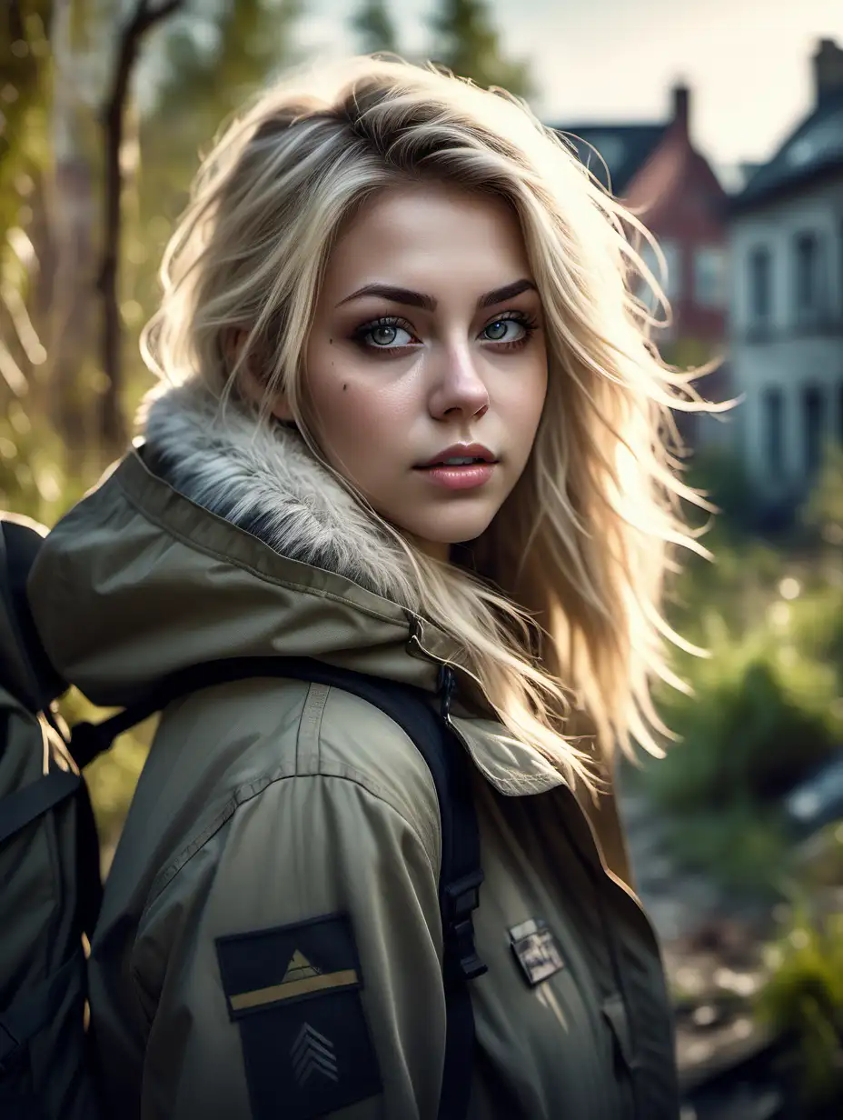 Beautiful Nordic woman, very attractive face, detailed eyes, big breasts, slim body, dark eye shadow, messy blonde hair, wearing a parka jacket and a military backpack, close up, bokeh background, soft light on face, rim lighting, facing away from camera, looking back over her shoulder, standing in front of an abandoned city covered in overgrowth , illustration, very high detail, extra wide photo, full body photo, aerial photo