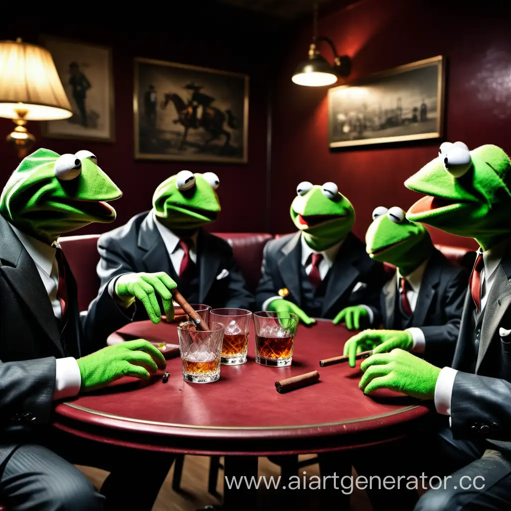 Mafia happy Kermit badass sitting on a table with chair while smoking a cigar with his mouth and holding the cigar with his hand and with other 3 kermits all wearing suits and drinking whiskey out of a glass in a nice mafia style room with 1950's style with less light and there's a bunch of money and a pistol on the table and good 2 kermits having a conversation in the back while having drinks
