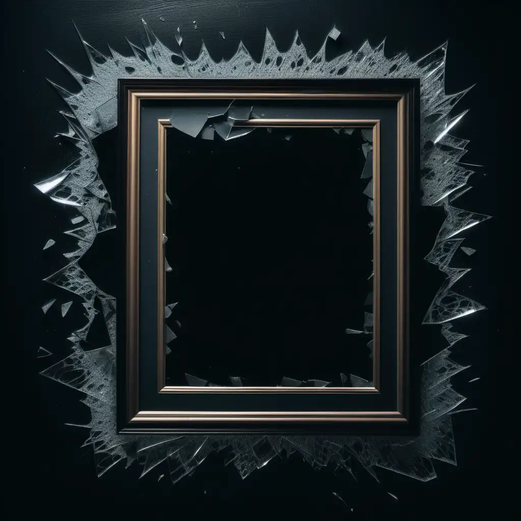 cinematic, dark image of a photo frame with no image in it and the glass in the photo frame is shattered