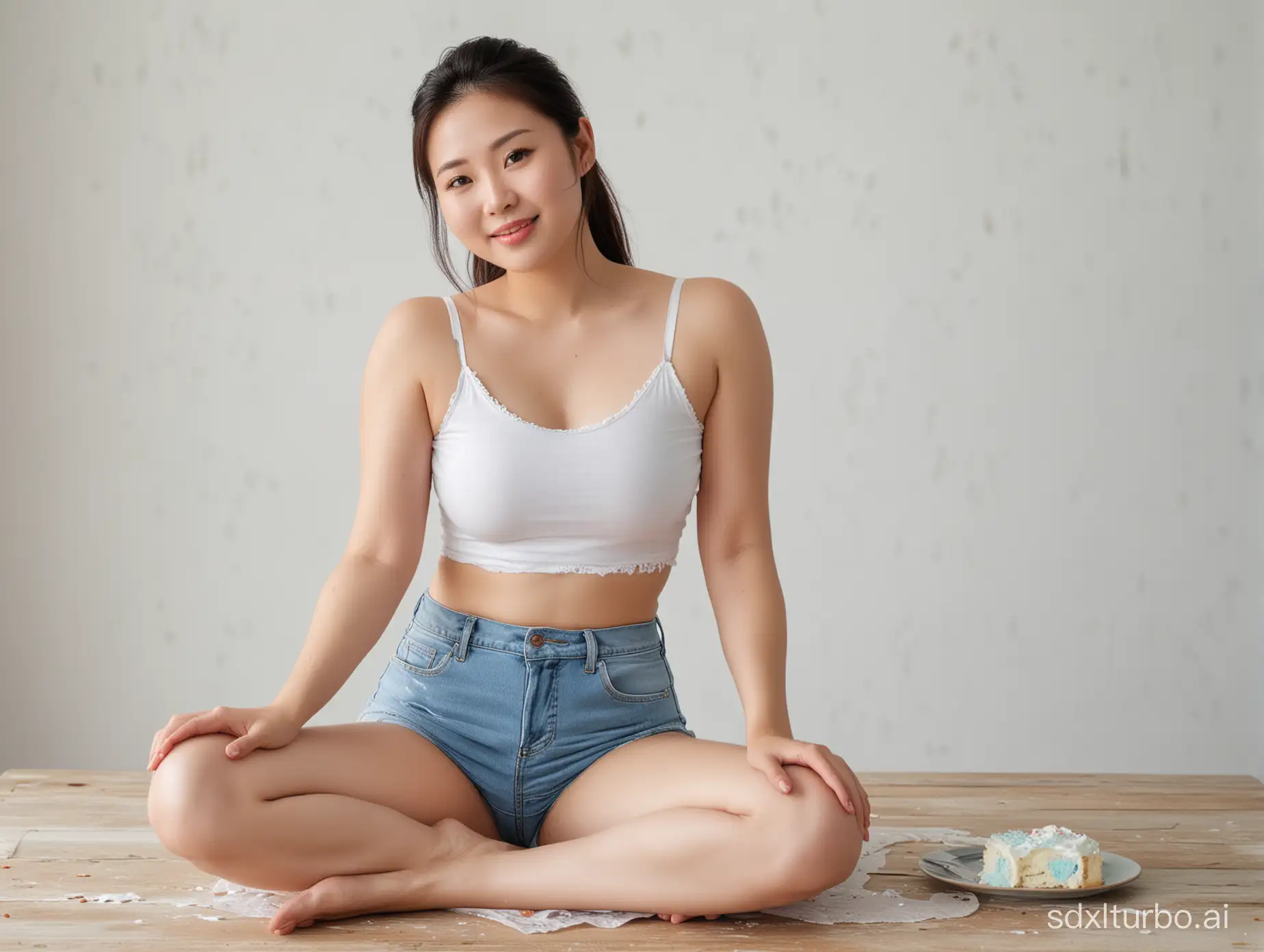 A beautiful Chinese woman, 32 years old, with a plump figure and fair skin, wearing light blue denim shorts, a white tank top, white slender thighs, barefoot, lying on a dining table with white cream cake smeared on her ankles.
