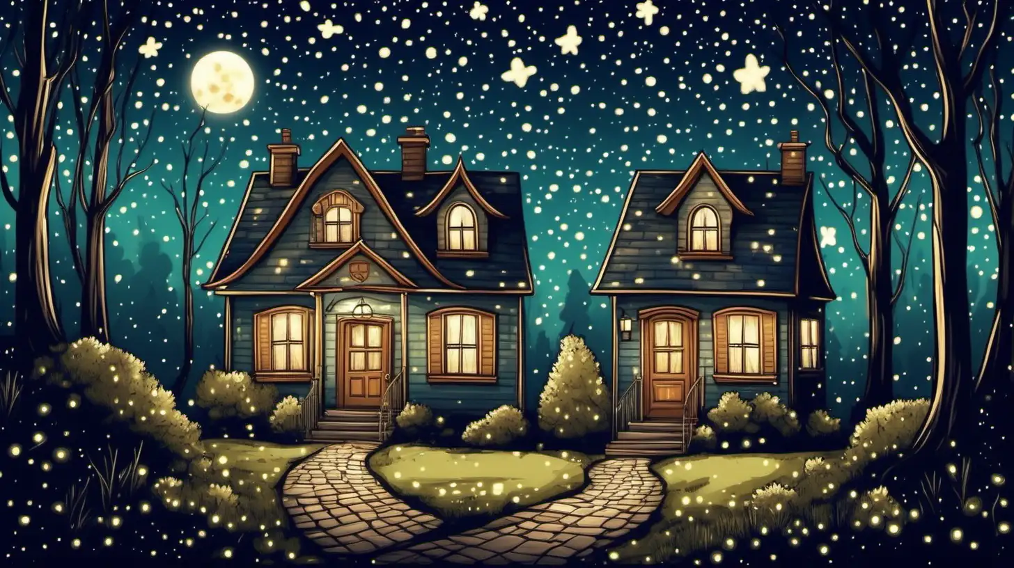 illustrate a  cute house on a street standing at the beginning of a forest, starry night time