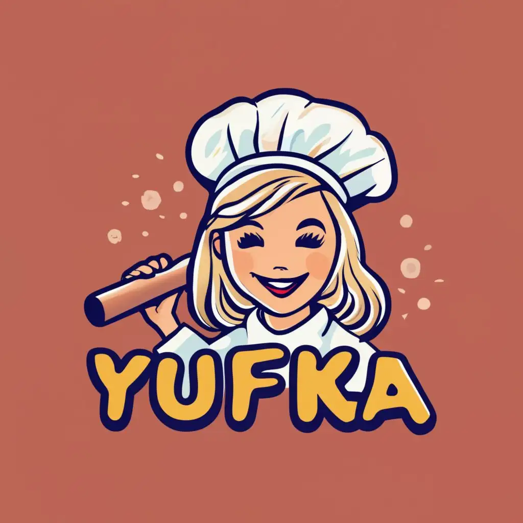 logo, A very happy smiling blonde teenage girl chief with rolling pin with hat and holding rolling pin with hand, with the text "TURKISH YUFKA AT DUBAI", typography, be used in Restaurant industry
