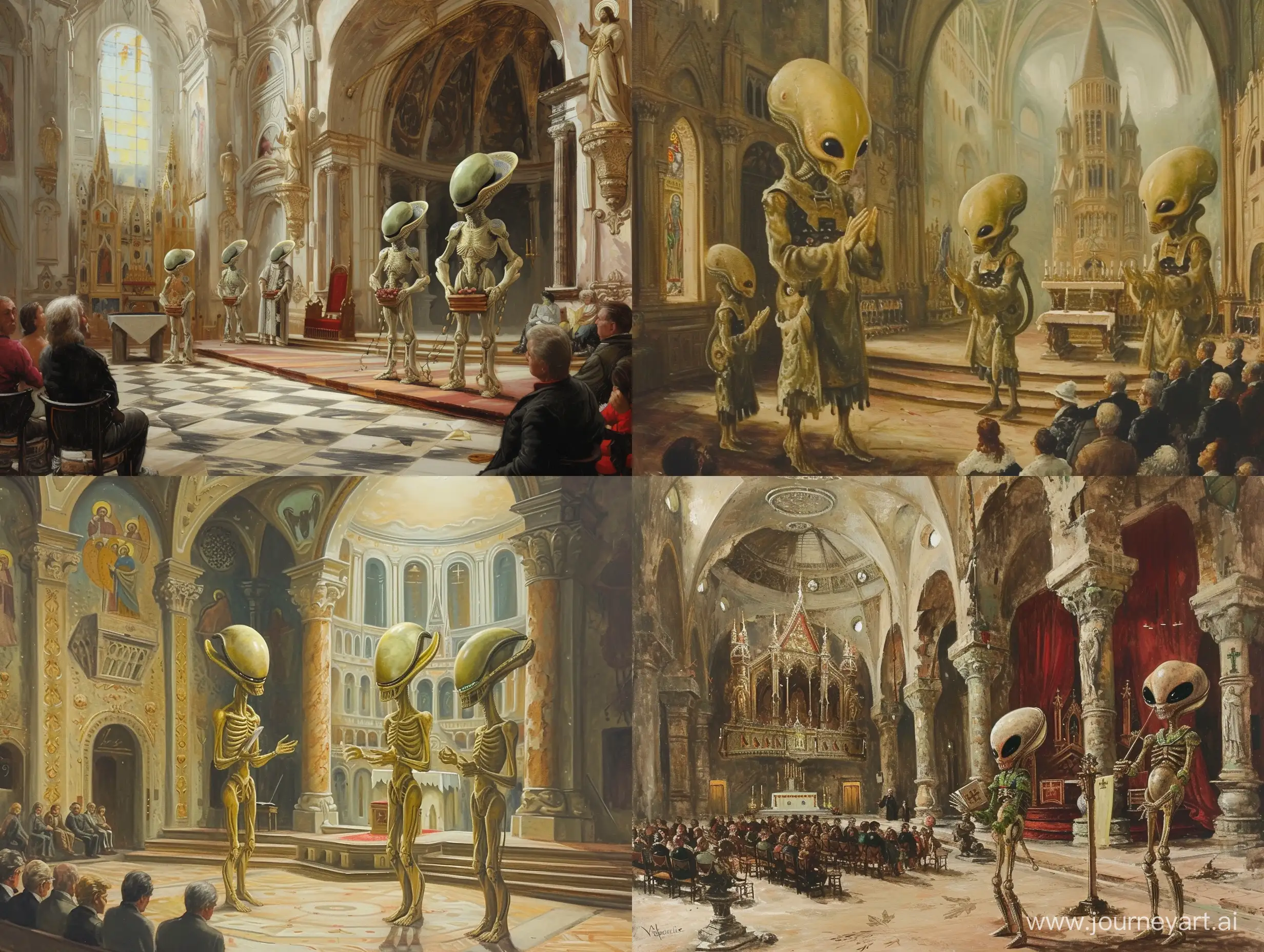 A renaissance painting  in the style of Rafael, depicting extraterrestrials leading a service in an elaborate cathedral, to a small audience.