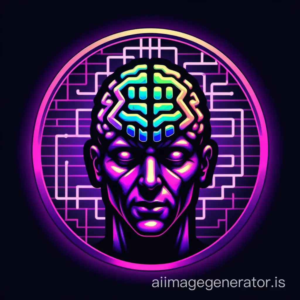 colorful icon for goal-completing task manager, dark synthwave style, without any text in it, looking like a matrix with a brain (from the side) depiction in the middle of it, without representation of a human head (i need only the brain)