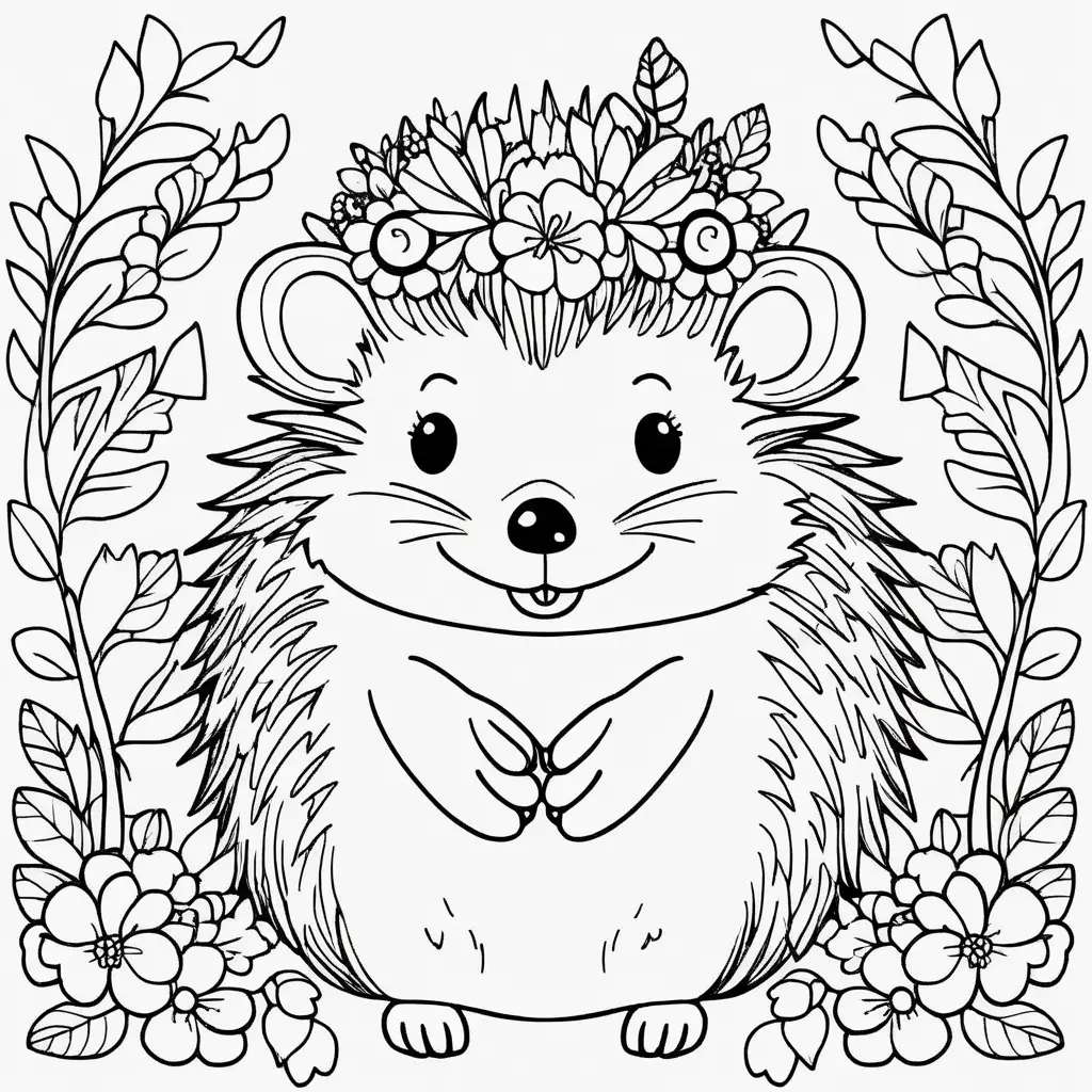 cute 
hedgehog with flower crown
 woodland creature coloring page
