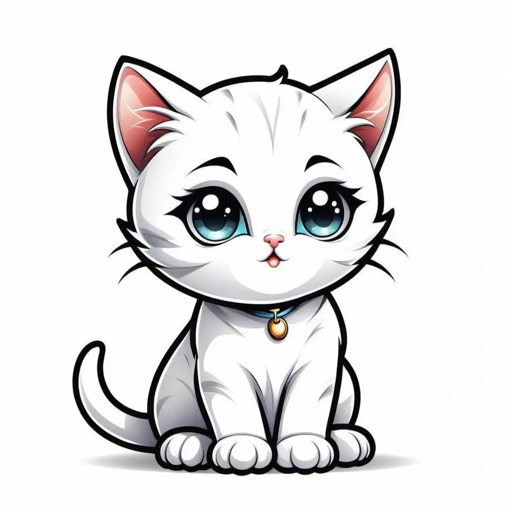 A white cartoon kitten oulined in black