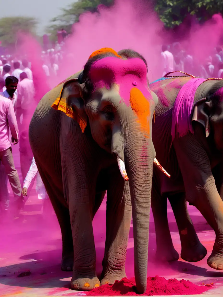 Colorful Holi Celebration with Elephants in India