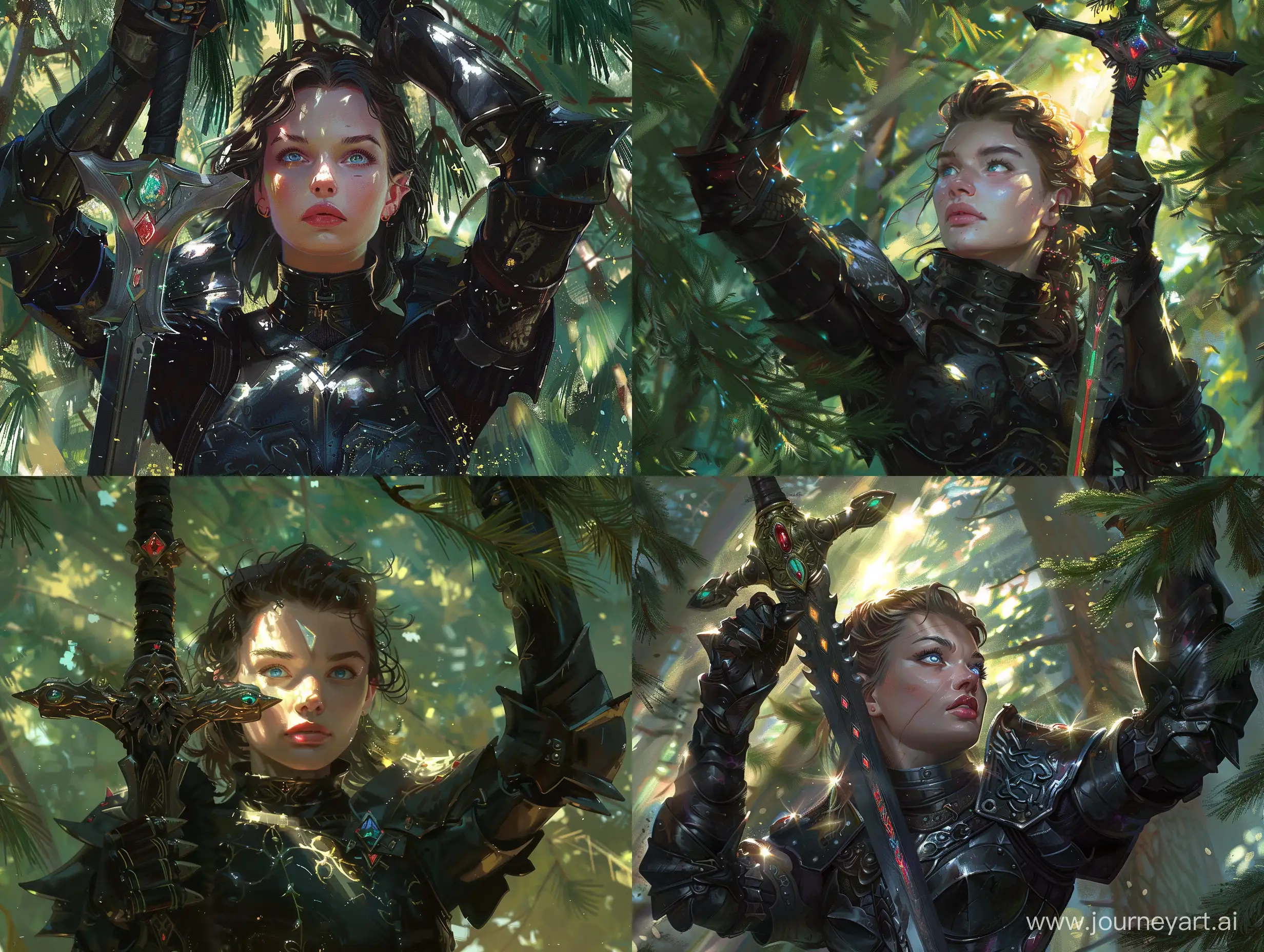 Determined-Female-Warrior-Raising-Holy-Sword-in-Lush-Pine-Forest