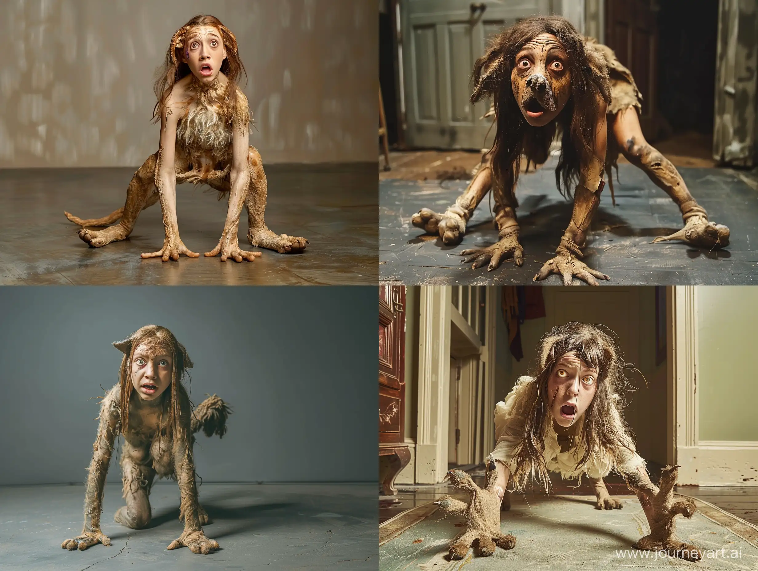 A photograph of a young woman who has been transformed into a dog due to a magic spell. She has paws, a snout, fur and a tail. She has no human features left. She is standing on all fours on the floor with a scared expression. Full body picture