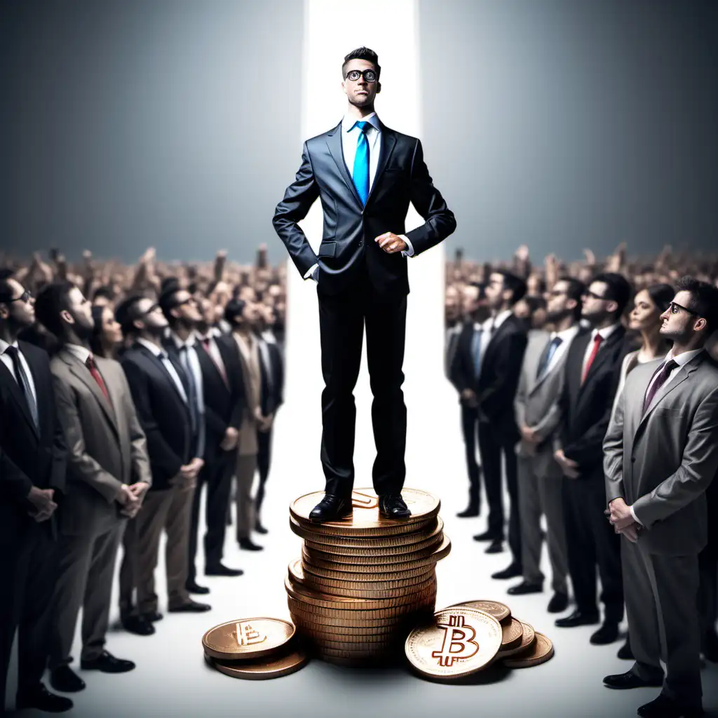 Man in Business Suit Presenting a Towering Stack of Coins to a Captivated Crowd