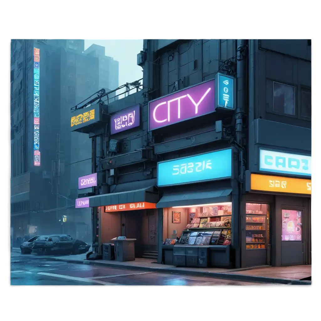 cyberpunk city with store front with background city wide