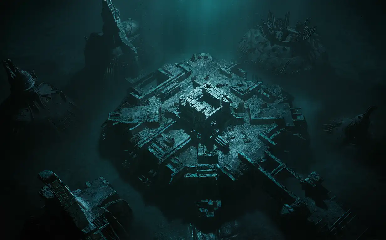 Ancient alien ruins under dark waters, sci-fi, dark, horror, top view