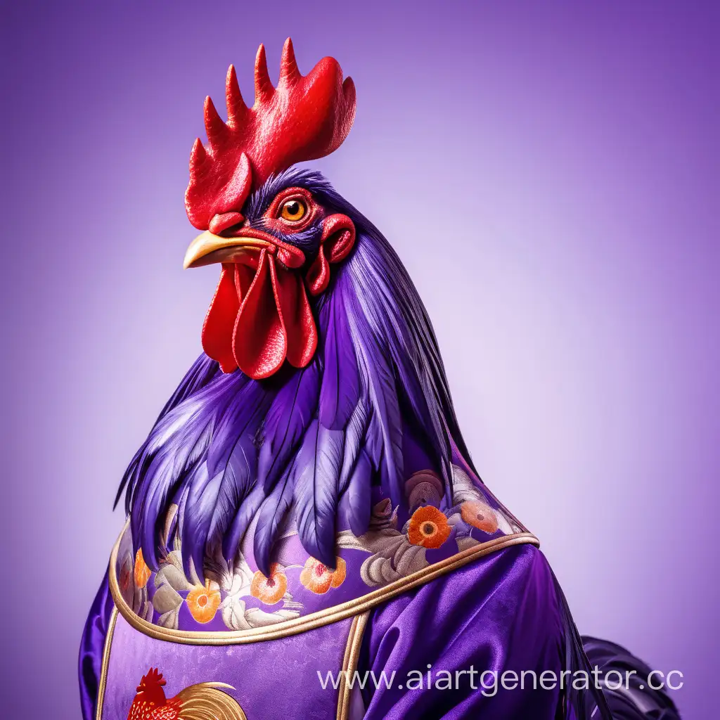 Purple rooster in traditional Chinese costume, portrait, purple background, 8k