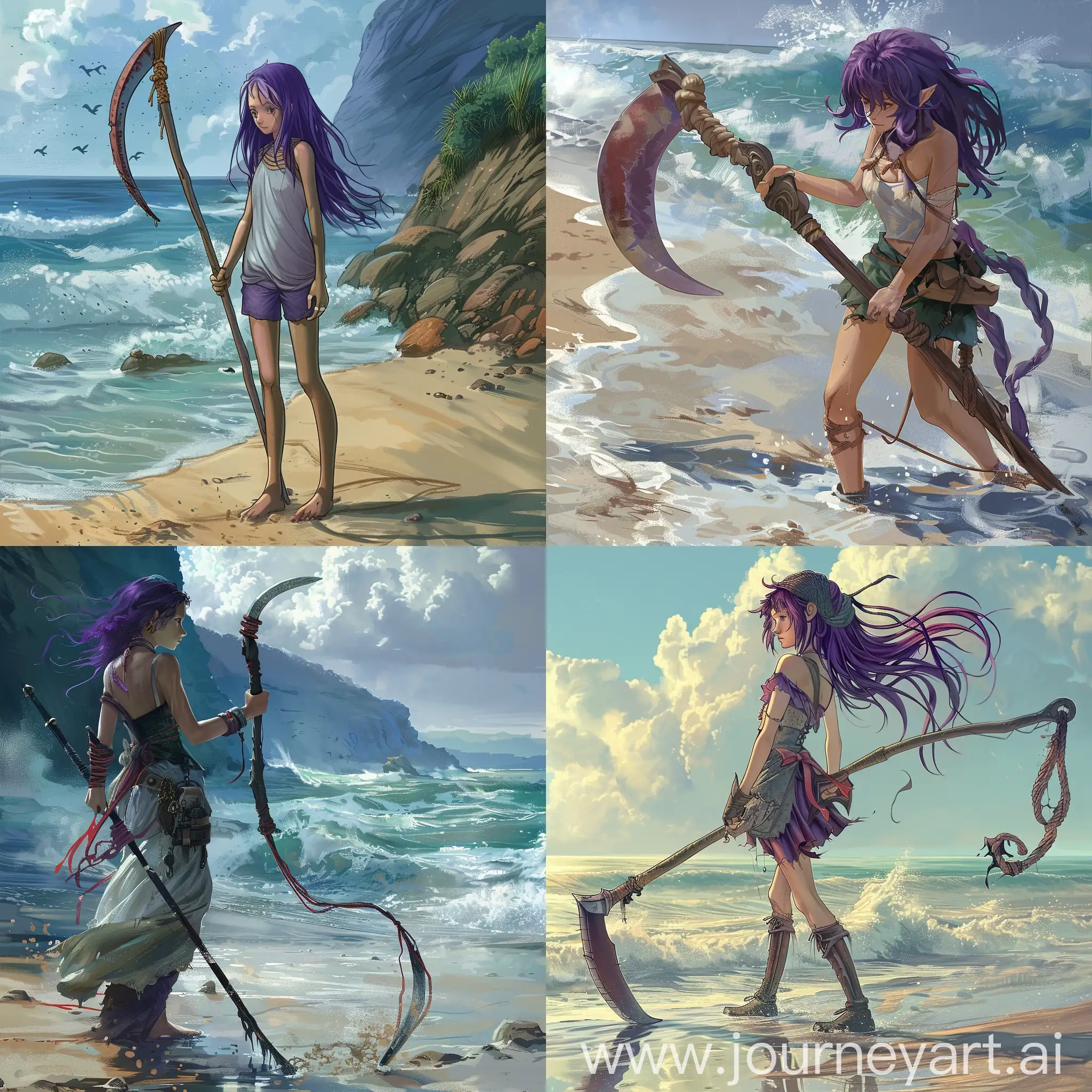 Девушка с косой, с фиолетовыми волосами, на берегу моря 