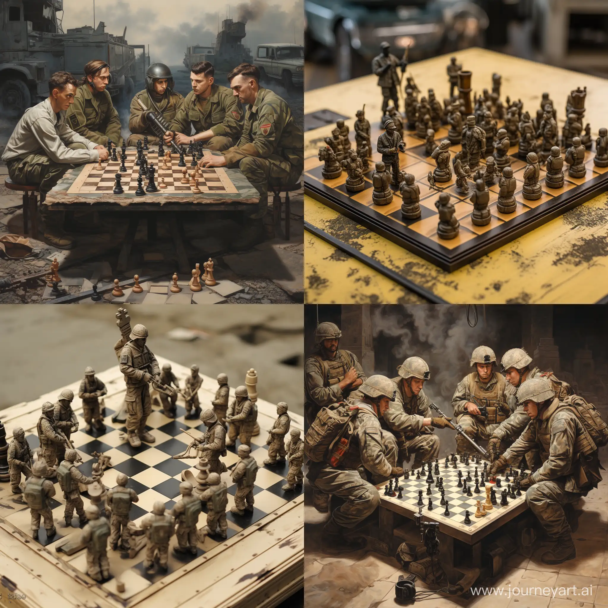 a chess board where instead of chess, there are soldiers with machine guns, machine guns and grenade launchers.