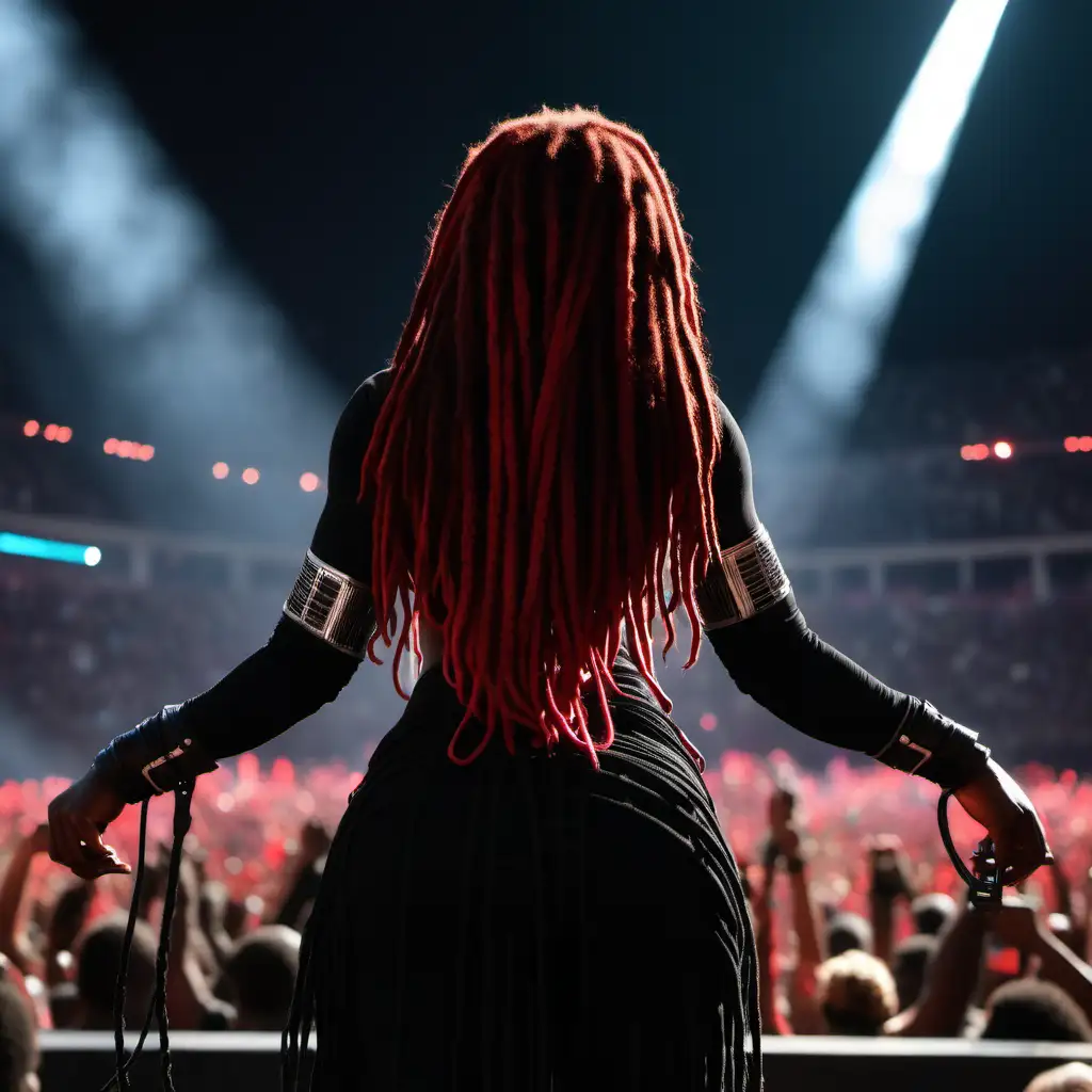 a image of a black woman from behind. She is on stage. She is performing in front of a huge crowd in a big arena. She is dressed in all black and has long red dreadlocks that go down to her waiste. There are a lot of lights and people in the crowd that she is performing in front of a crowd holding a microphone in her hand

