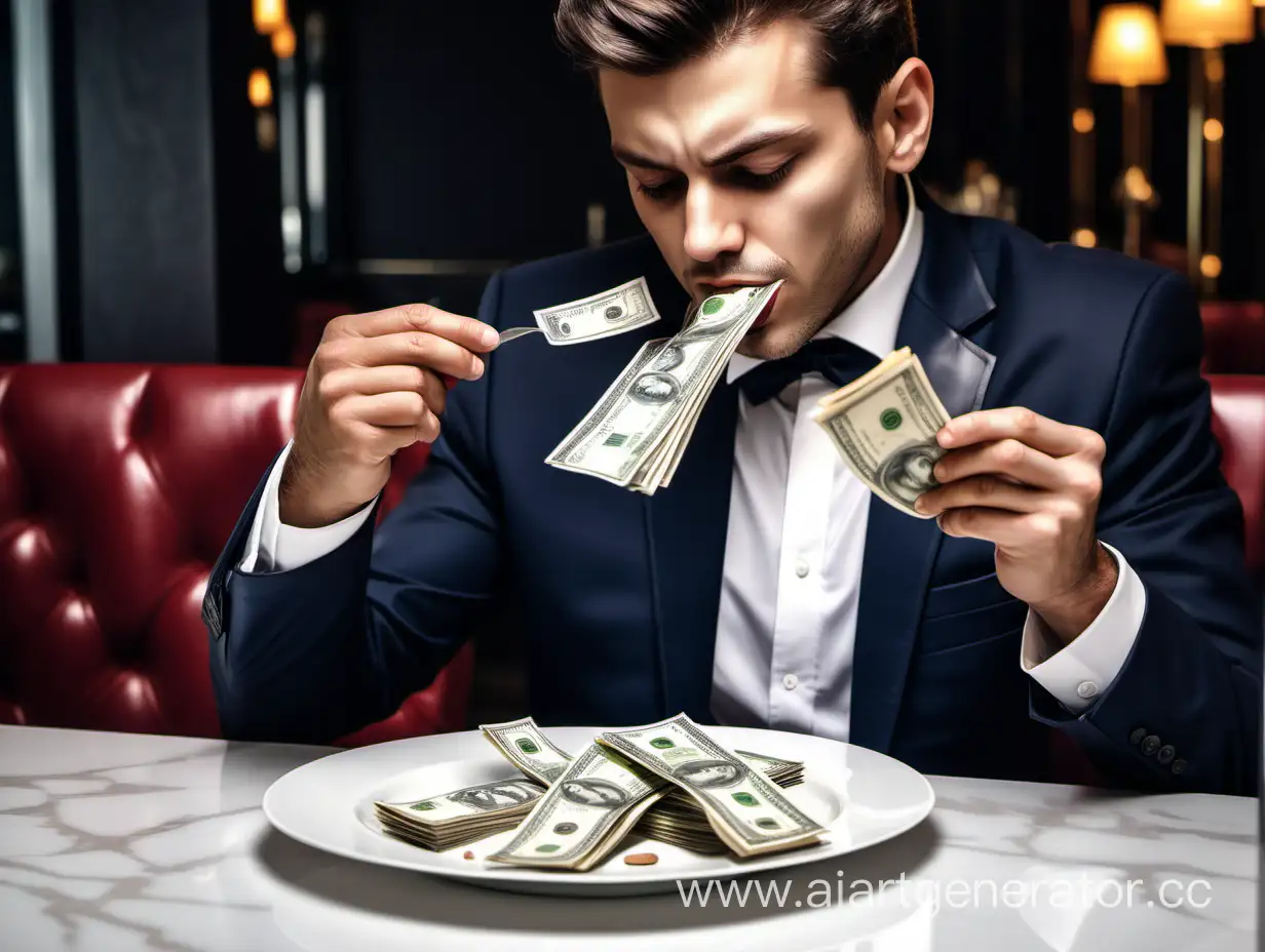 Бизнесмен в дорогом ресторане есть из тарелки деньги