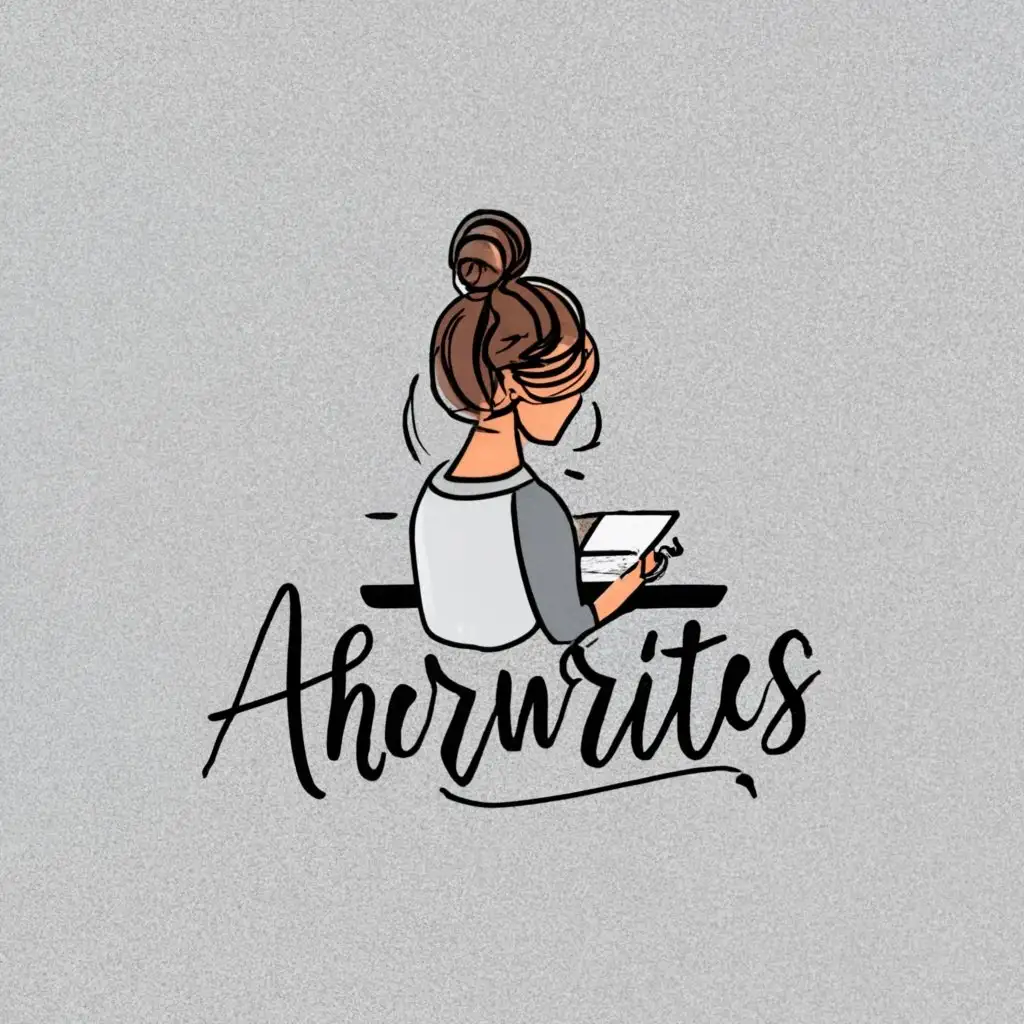 logo, a lady sitting, with messy bun, view of lady writing on a table from behind, white background and full white content, simple pen drawing, with the text "ahernwrites", typography