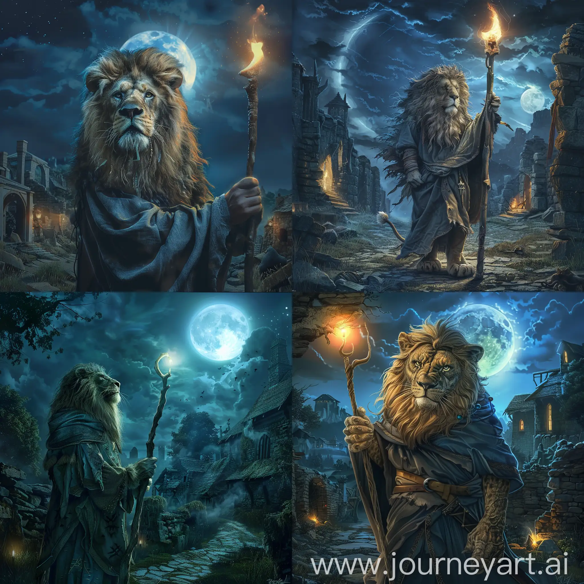 Lion-Wizard-with-Magical-Staff-in-Medieval-Village-Ruins