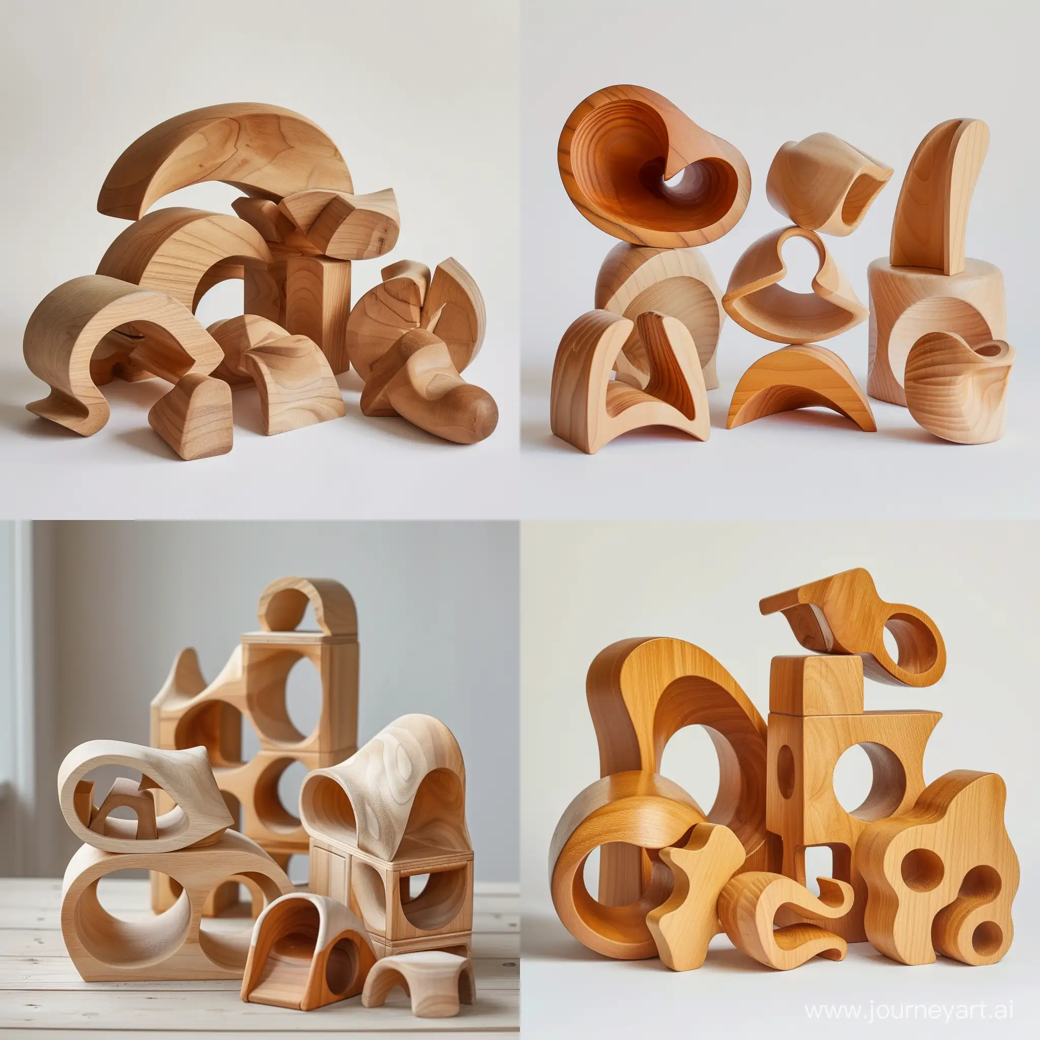 Wooden toys of unusual shape. This is a children's construction kit, but it has few straight lines, many smooth curves. It is very reminiscent of the Bauhaus style.