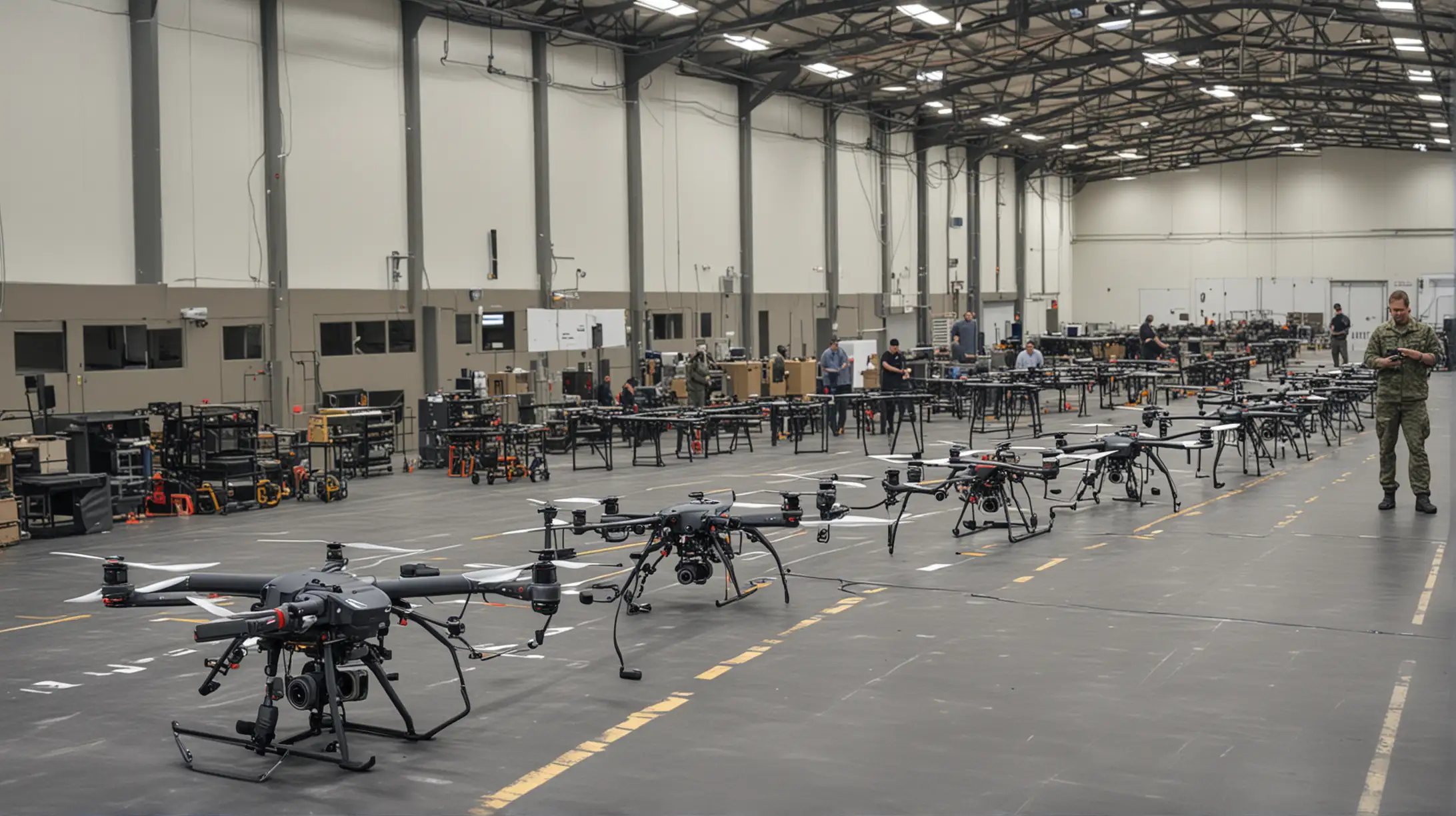 a drone production line with military engineers 