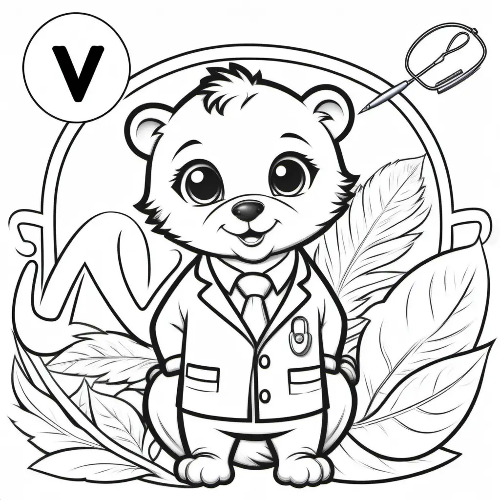 coloring book for kids, letter V baby veterinarian, cartoon style, thick lines, low detail, no shading, -- ar, 9:11
