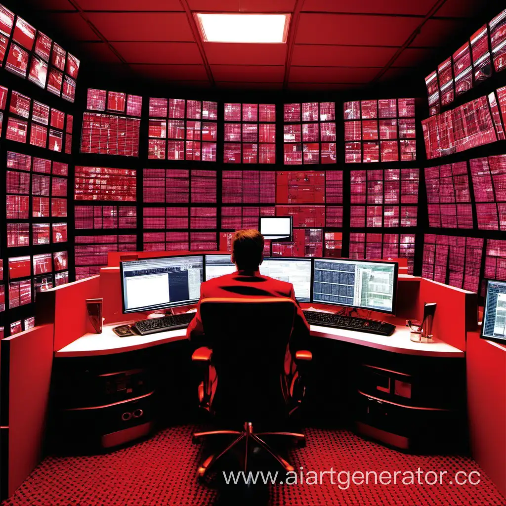 trader in a black and red room with lots of screens