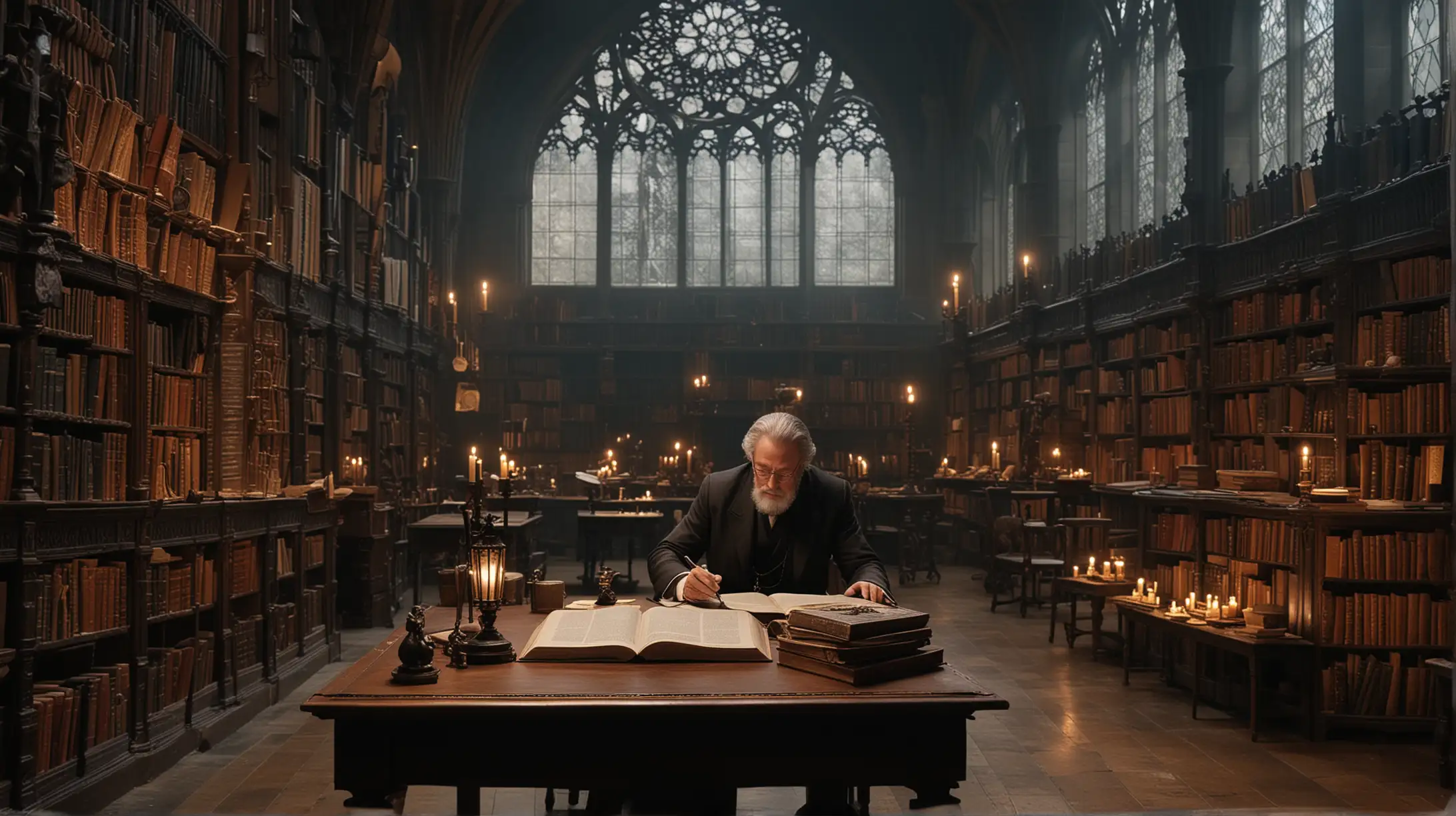Charles Dexter Ward reading a book on a table. The setting is a gothic library. There are alchemical and high magic symbols around the room. 