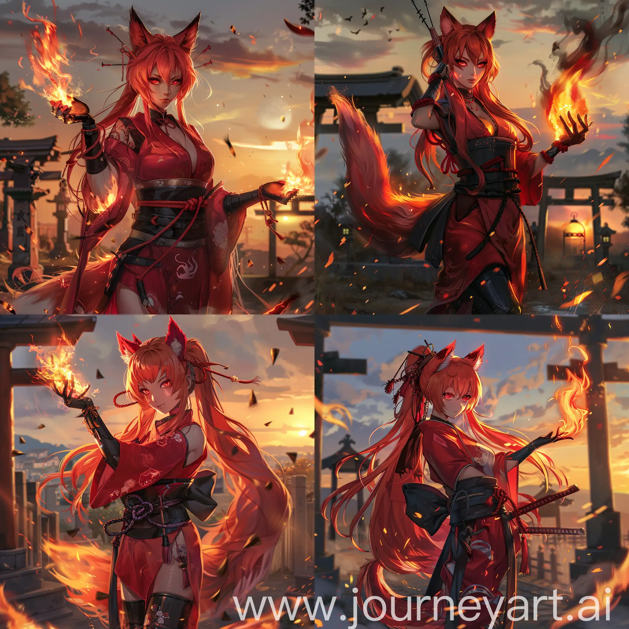 anime-style, full body, athletic, beautiful, tan skin, asian woman, long fiery red hair, red fox ears, red fox tail attached to her waist, fiery red eyes, wearing a red kimono, black hakama, black sash, long black gloves, black leather boots, casting fire magic, hands wrapped in fire,  good anatomy, dynamic, embers falling in foreground, shinto shrine, sunset